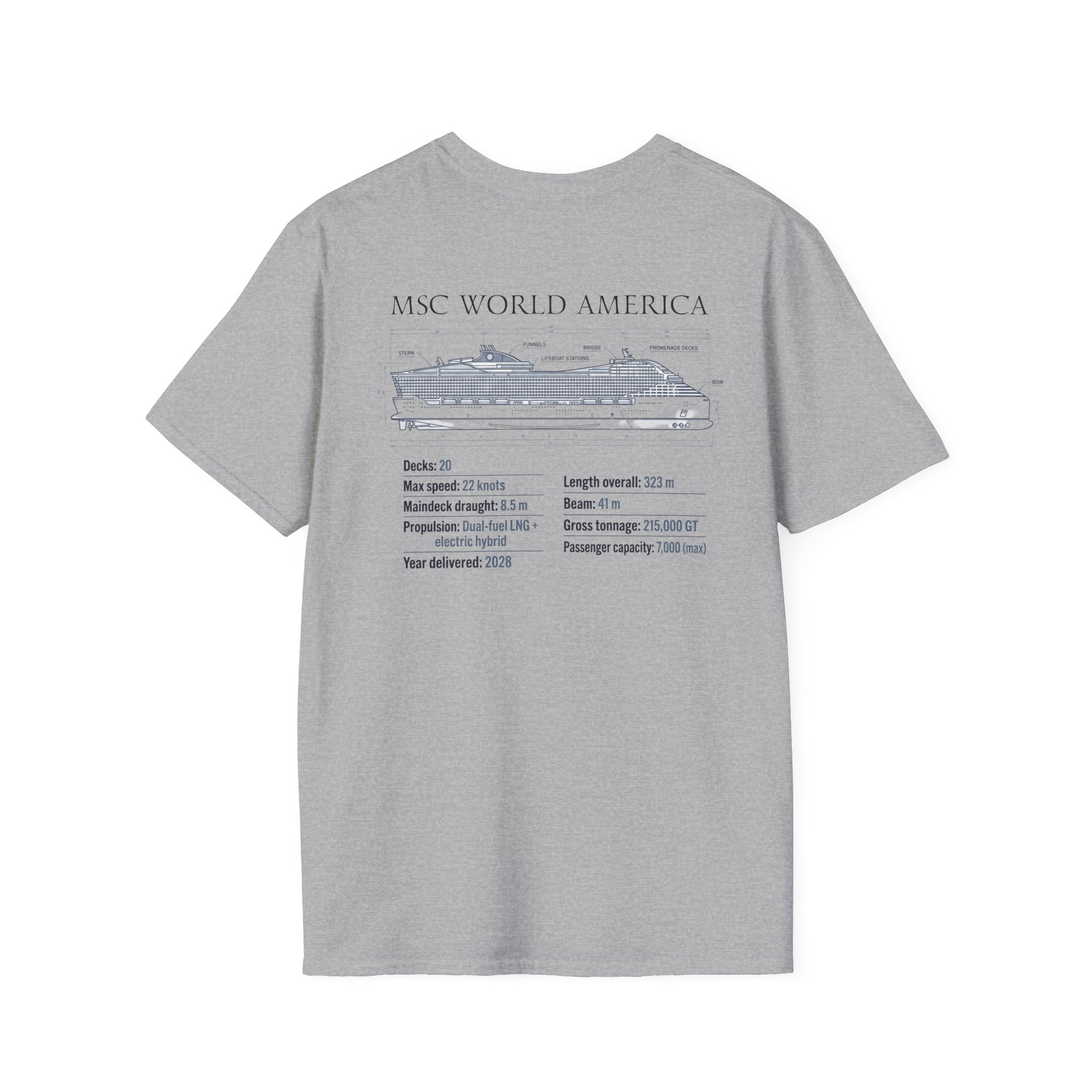 MSC World America Cruise T‑Shirt — Ship Specs & Silhouette Tee
