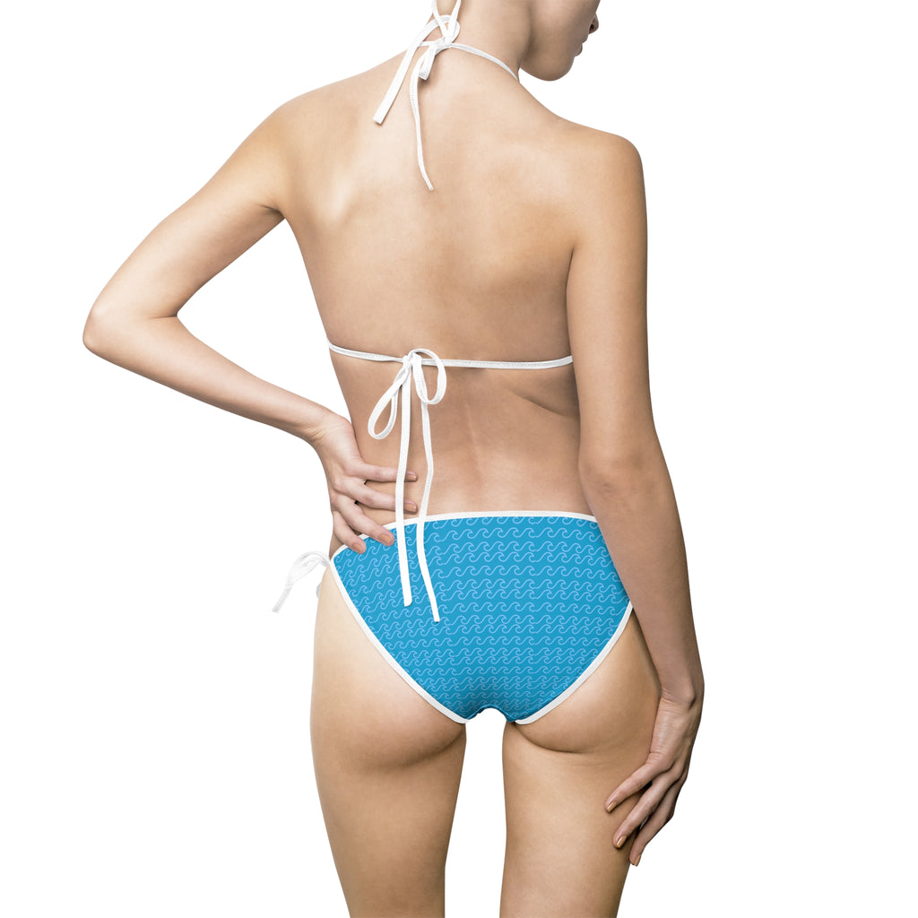 Turquoise Tie-Side Bikini Swimsuit with Wave Accent