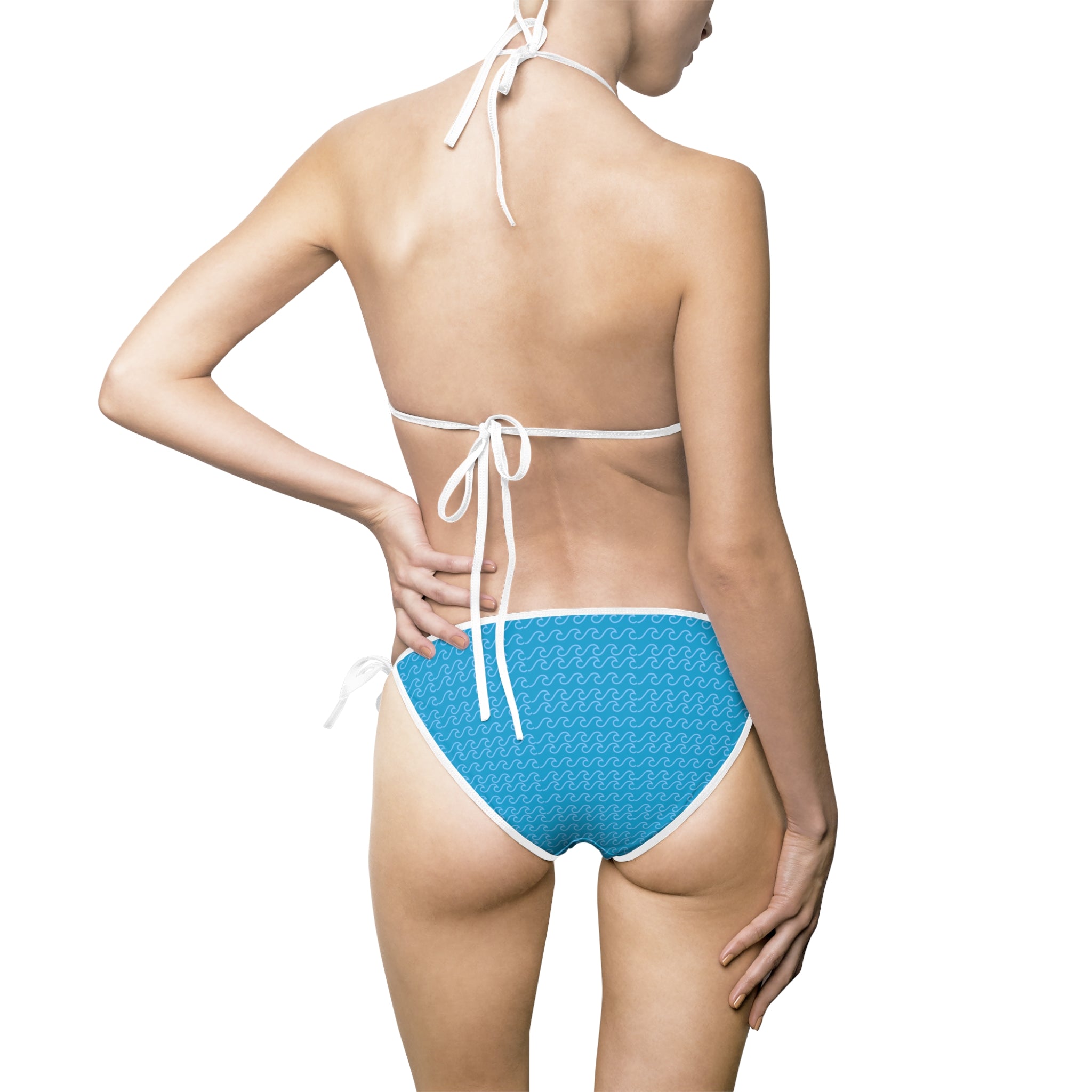 Turquoise Tie-Side Bikini Swimsuit with Wave Accent