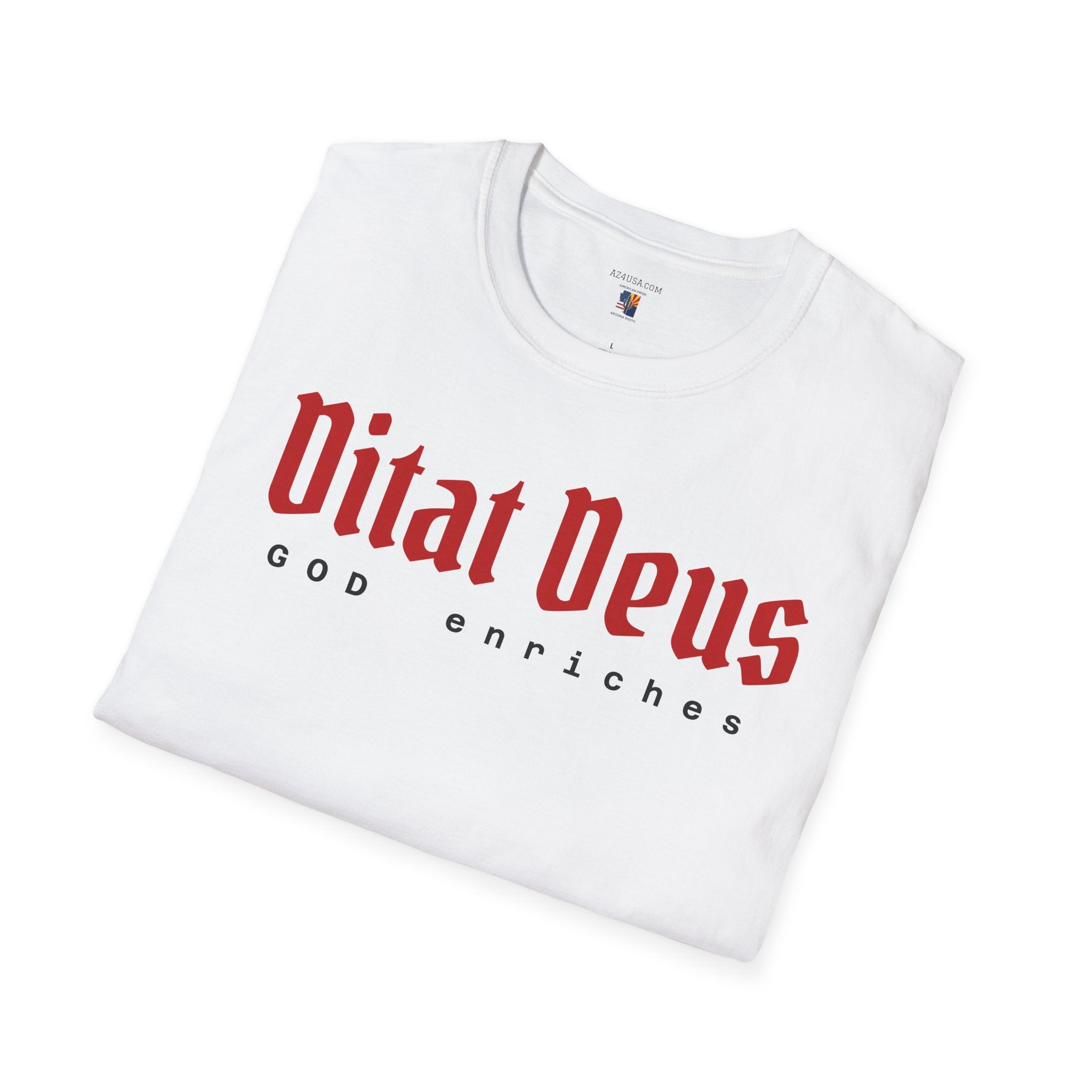 Ditat Deus 'God Enriches' Graphic T‑Shirt — Arizona Cross & Flag Design