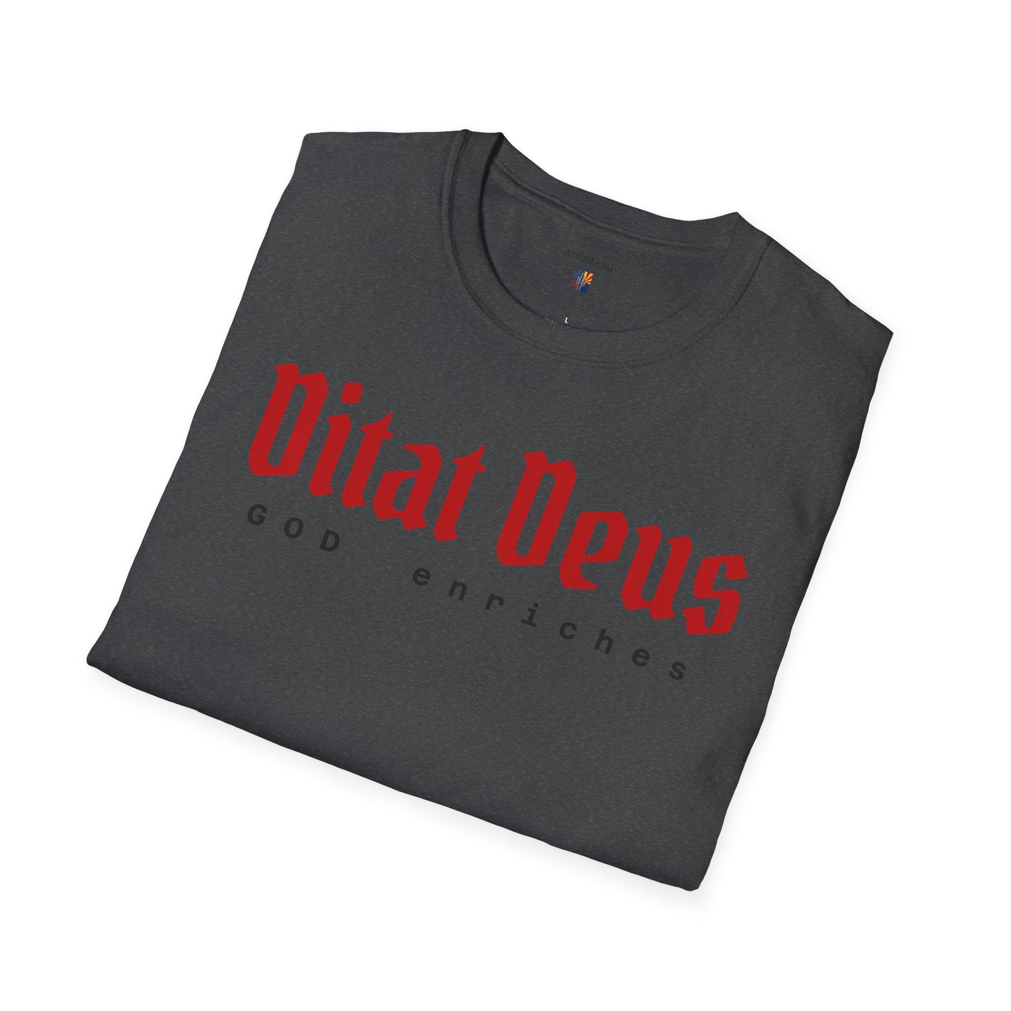 Ditat Deus 'God Enriches' Graphic T‑Shirt — Arizona Cross & Flag Design