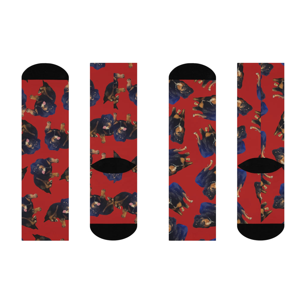 Red Rottweiler Pattern Cushioned Crew Socks — Dog Lover Gift
