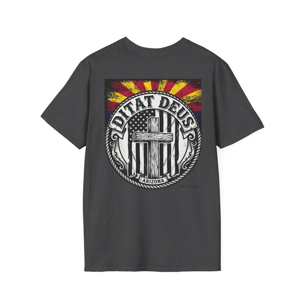 Ditat Deus 'God Enriches' Graphic T‑Shirt — Arizona Cross & Flag Design