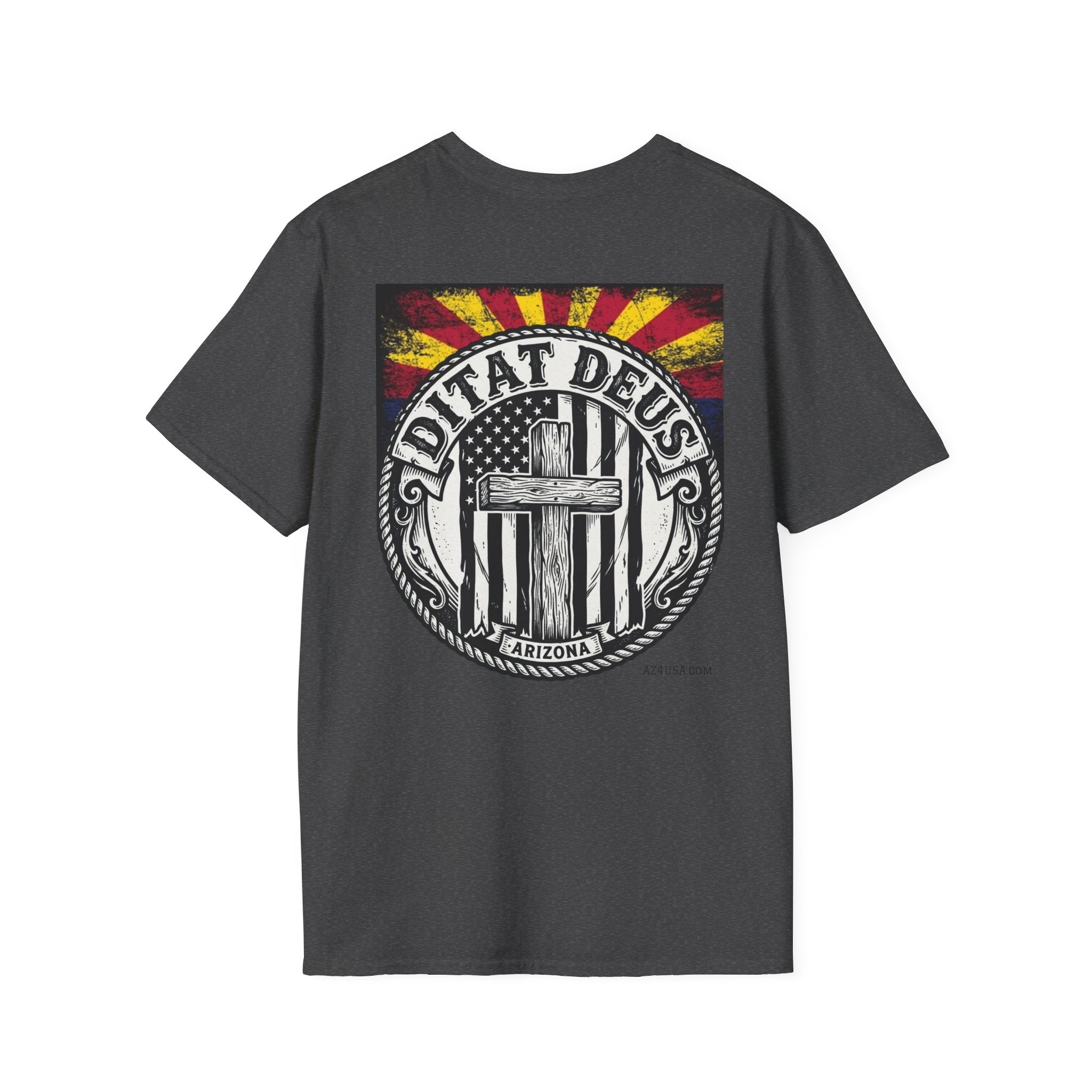 Ditat Deus 'God Enriches' Graphic T‑Shirt — Arizona Cross & Flag Design