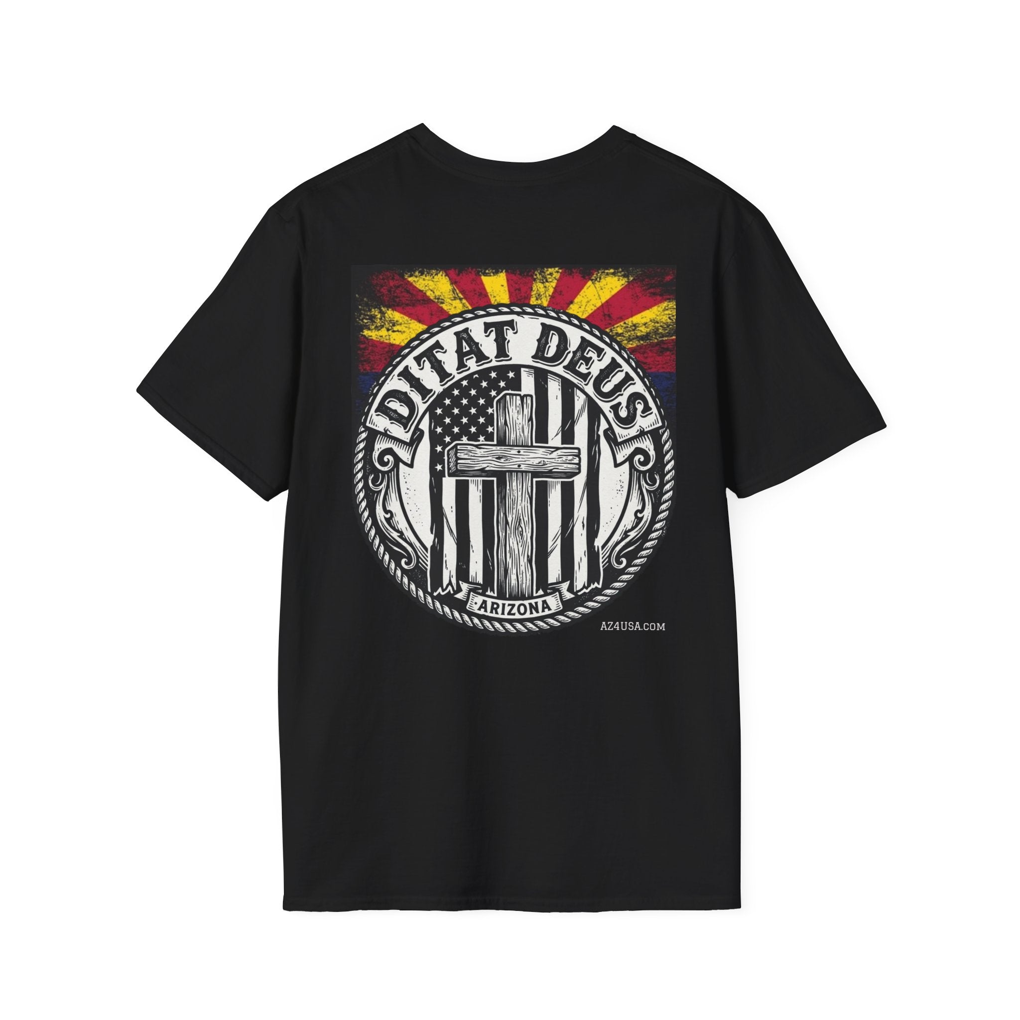 Ditat Deus 'God Enriches' Graphic T‑Shirt — Arizona Cross & Flag Design