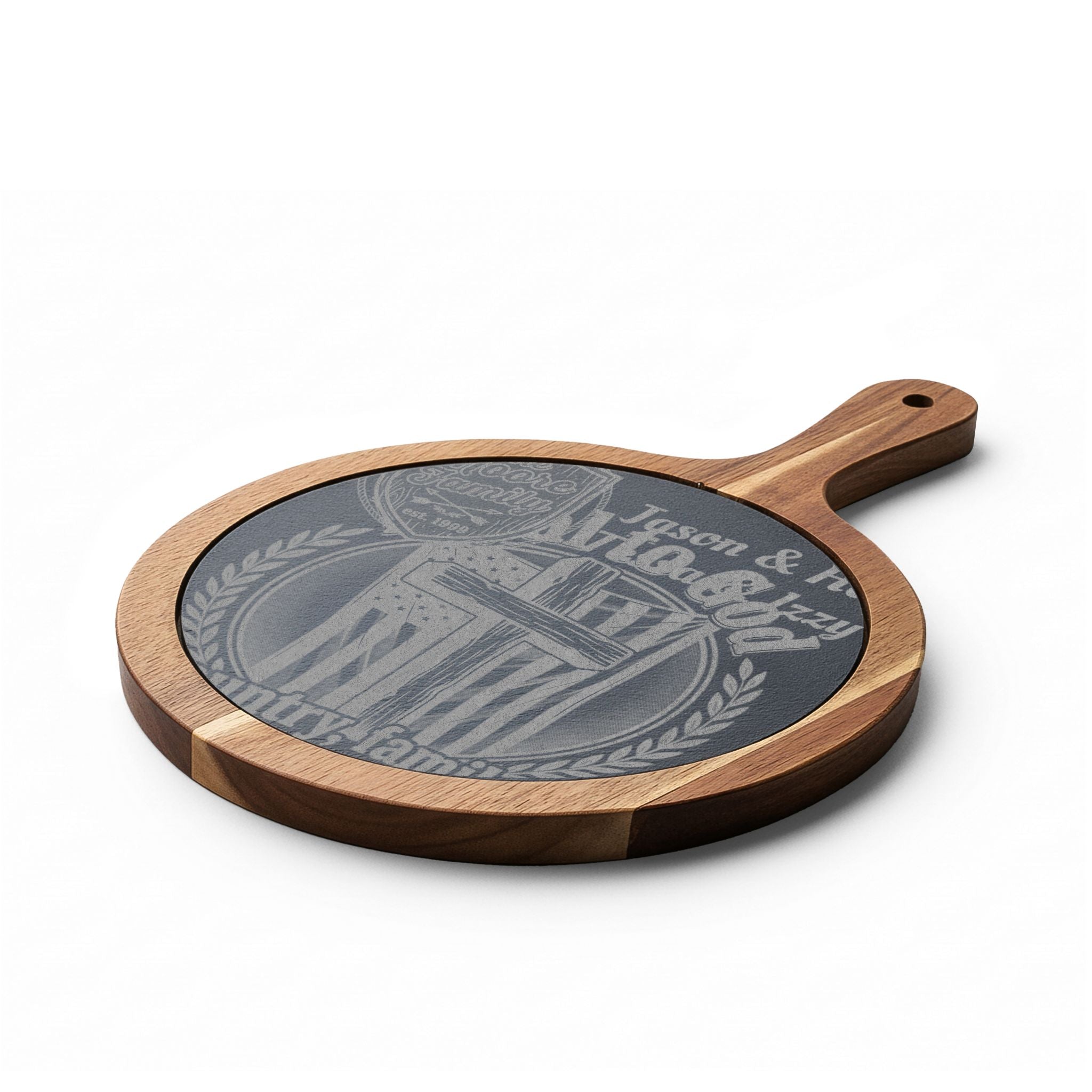 Engraved Acacia Charcuterie Board with Slate Inlay & Cheese Knife Set — Rustic Entertaining Gift