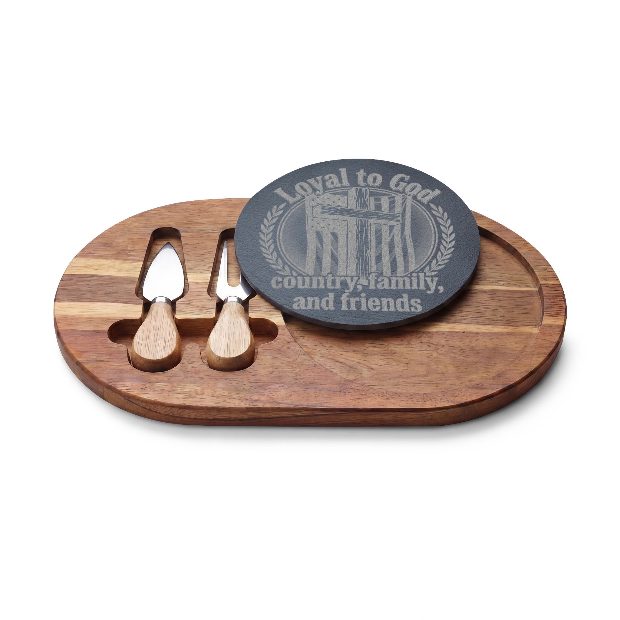 Engraved Acacia Charcuterie Board with Slate Inlay & Cheese Knife Set — Rustic Entertaining Gift