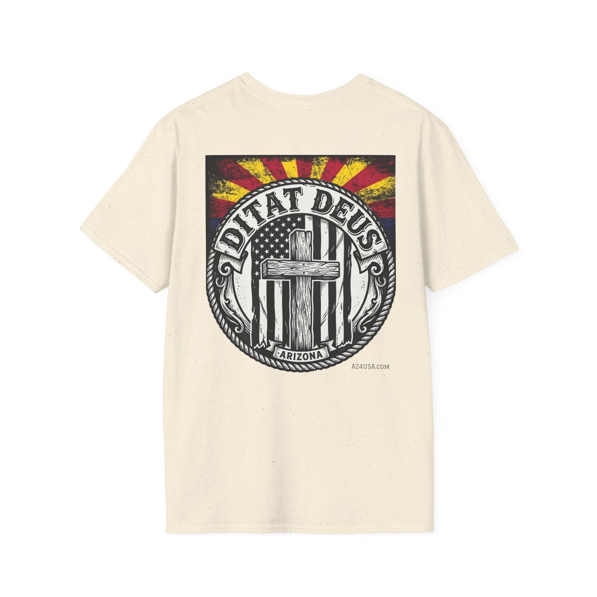 Ditat Deus 'God Enriches' Graphic T‑Shirt — Arizona Cross & Flag Design