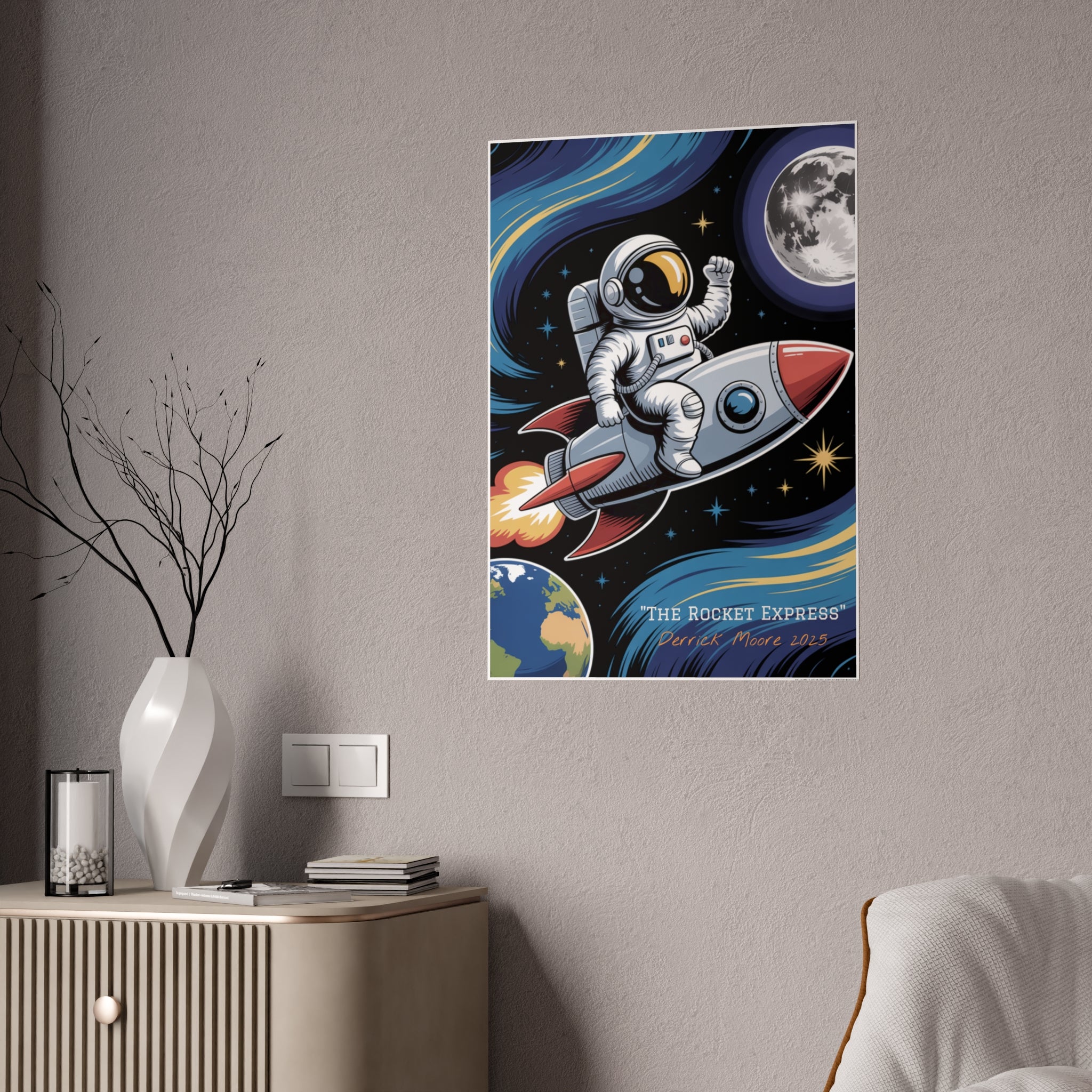"The Rocket Express" 2025— Glossy Wall Art Print (Astronaut Space Poster)
