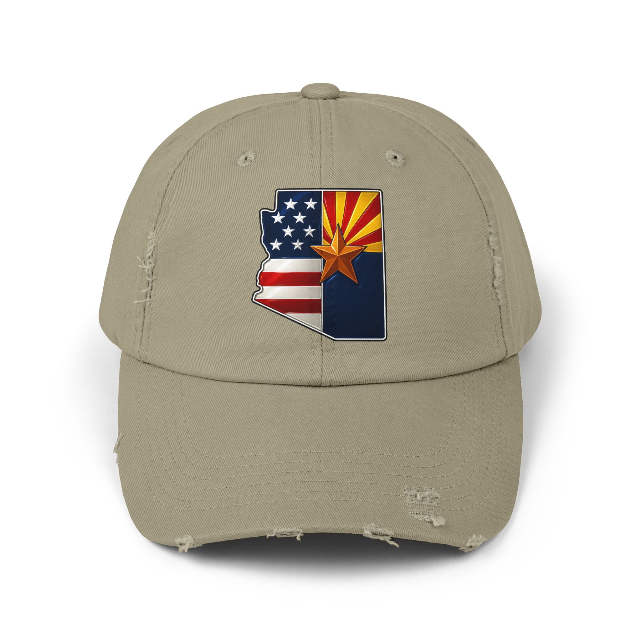 Born in America - Raised in Arizona Unisex Distressed Cap, Casual Vintage Hat, Outdoor Style Cap, Gift for Dad, Americana Fashion