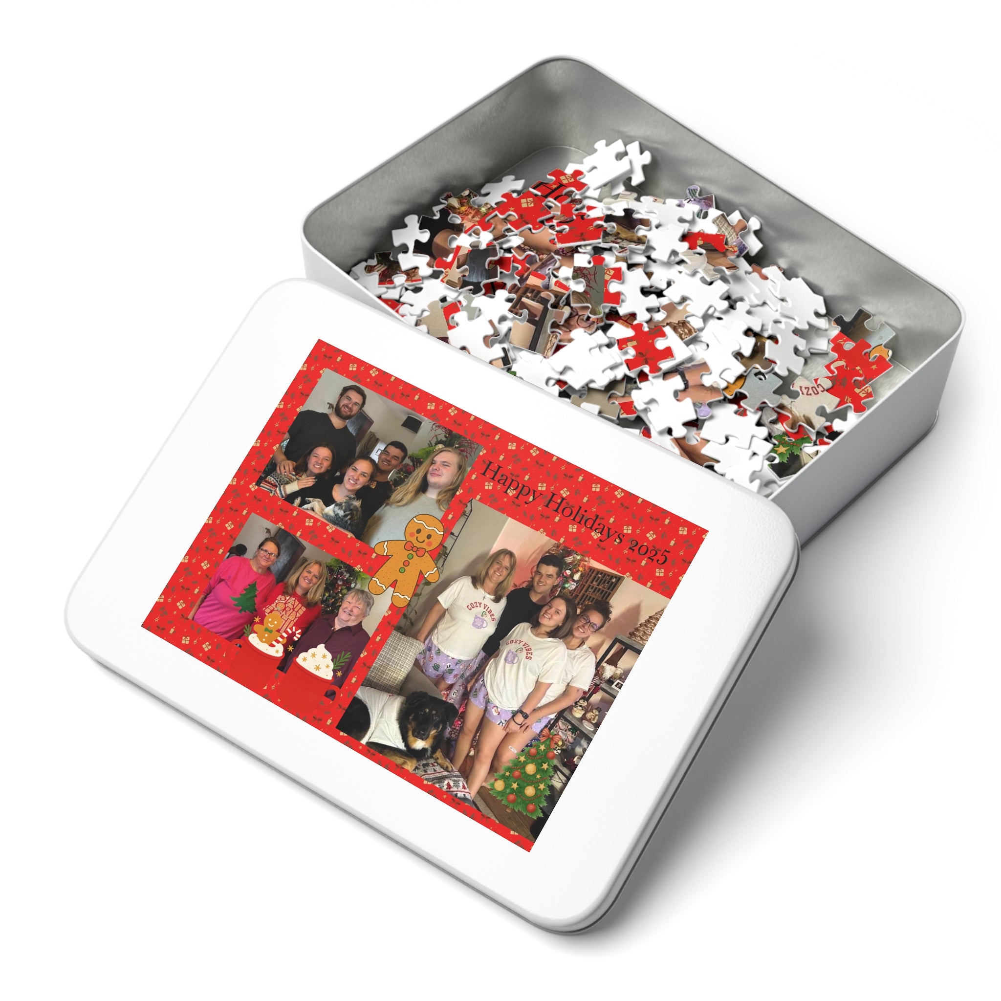 Holiday Photo Jigsaw Puzzle with Tin — Personalized 'Happy Holidays 2025' Collage