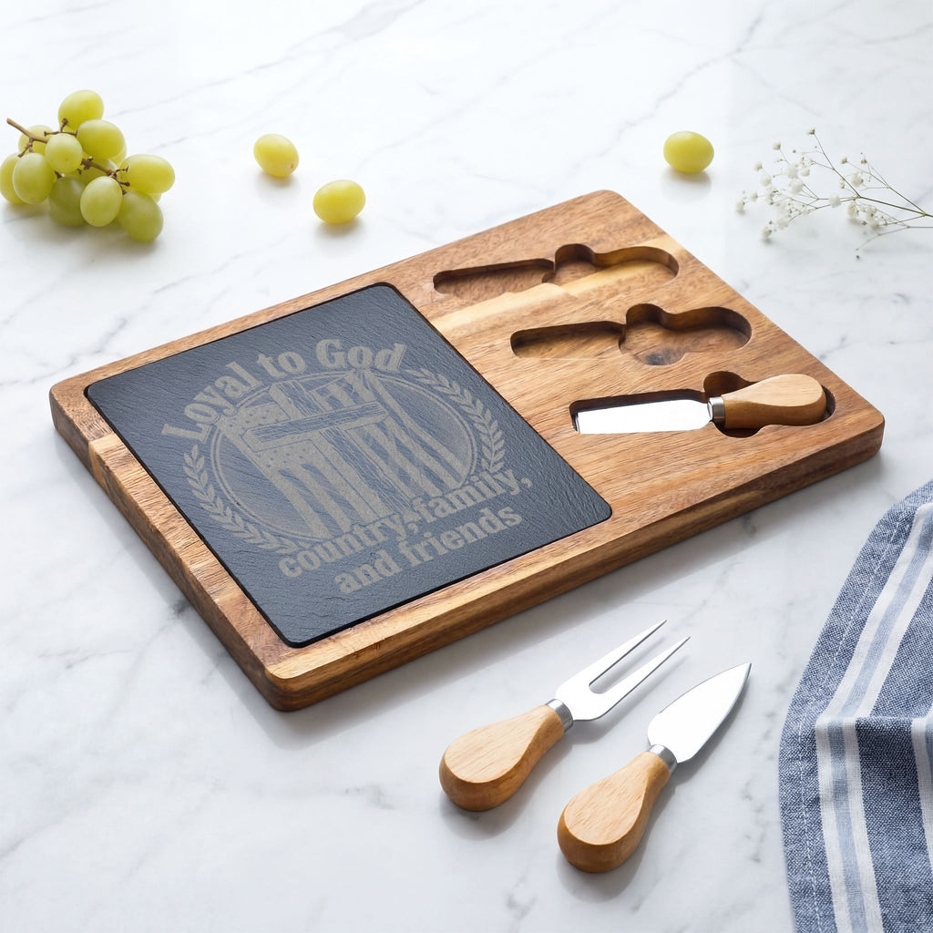 Engraved Acacia Charcuterie Board with Slate Inlay & Cheese Knife Set — Rustic Entertaining Gift