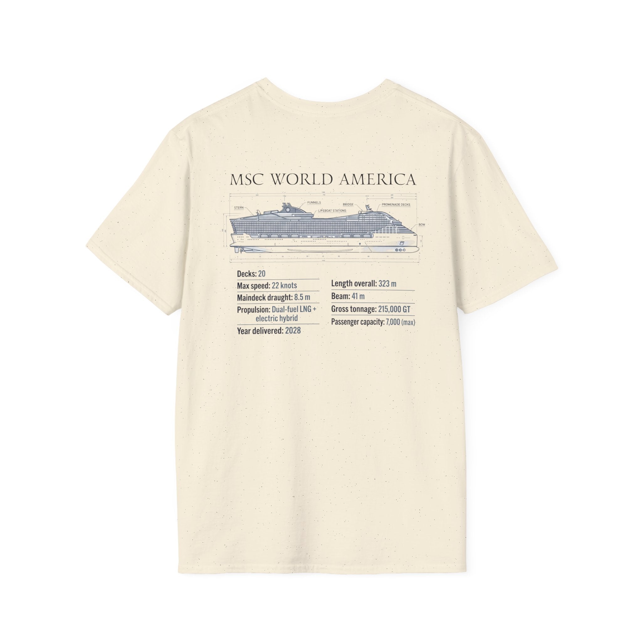 MSC World America Cruise T‑Shirt — Ship Specs & Silhouette Tee