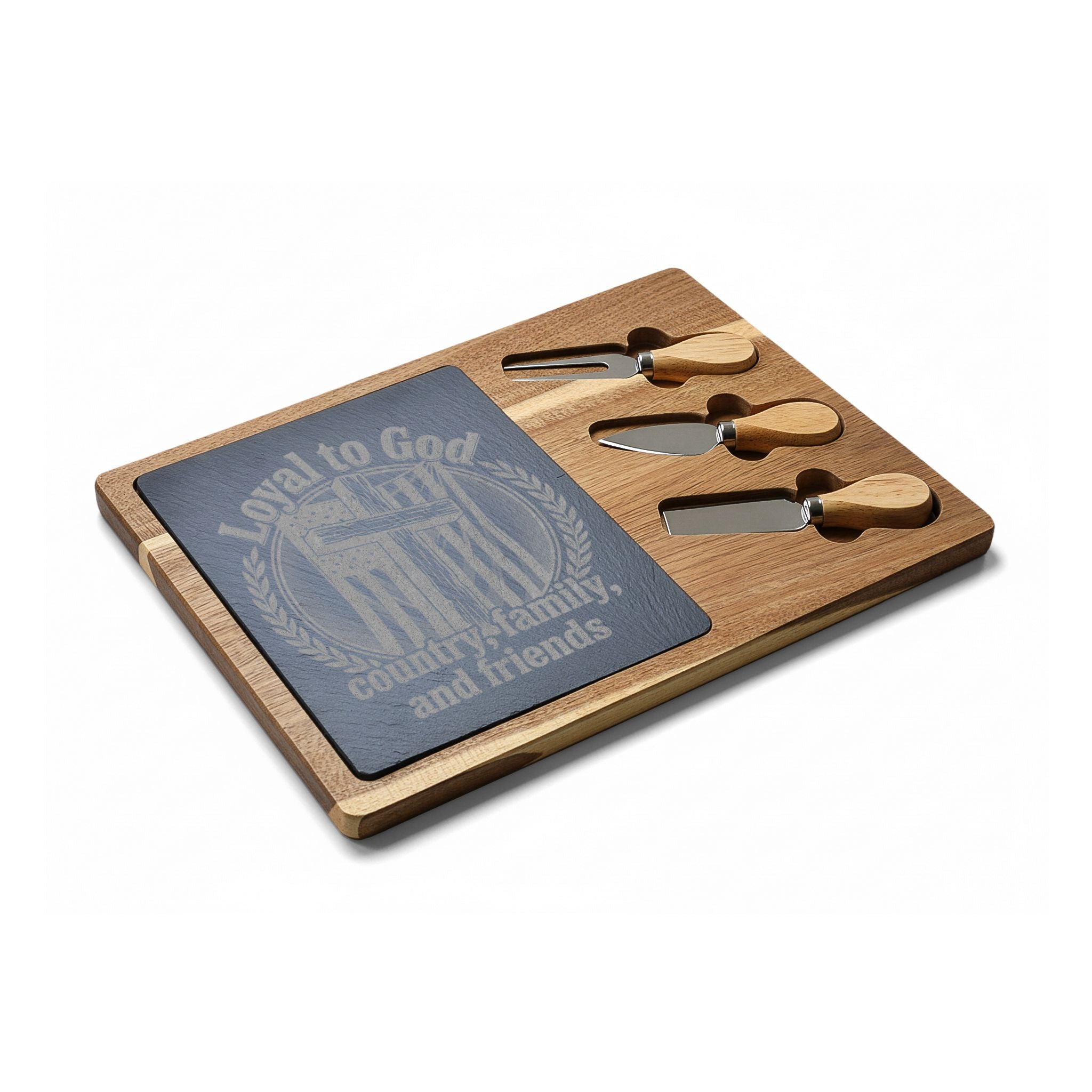 Engraved Acacia Charcuterie Board with Slate Inlay & Cheese Knife Set — Rustic Entertaining Gift