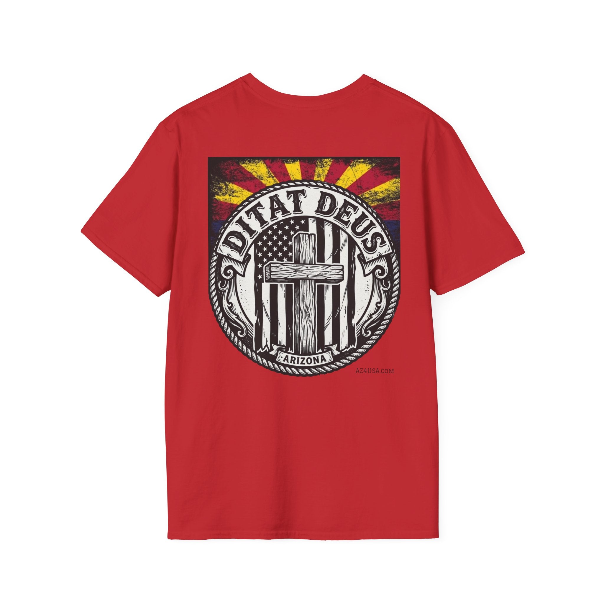 Ditat Deus 'God Enriches' Graphic T‑Shirt — Arizona Cross & Flag Design