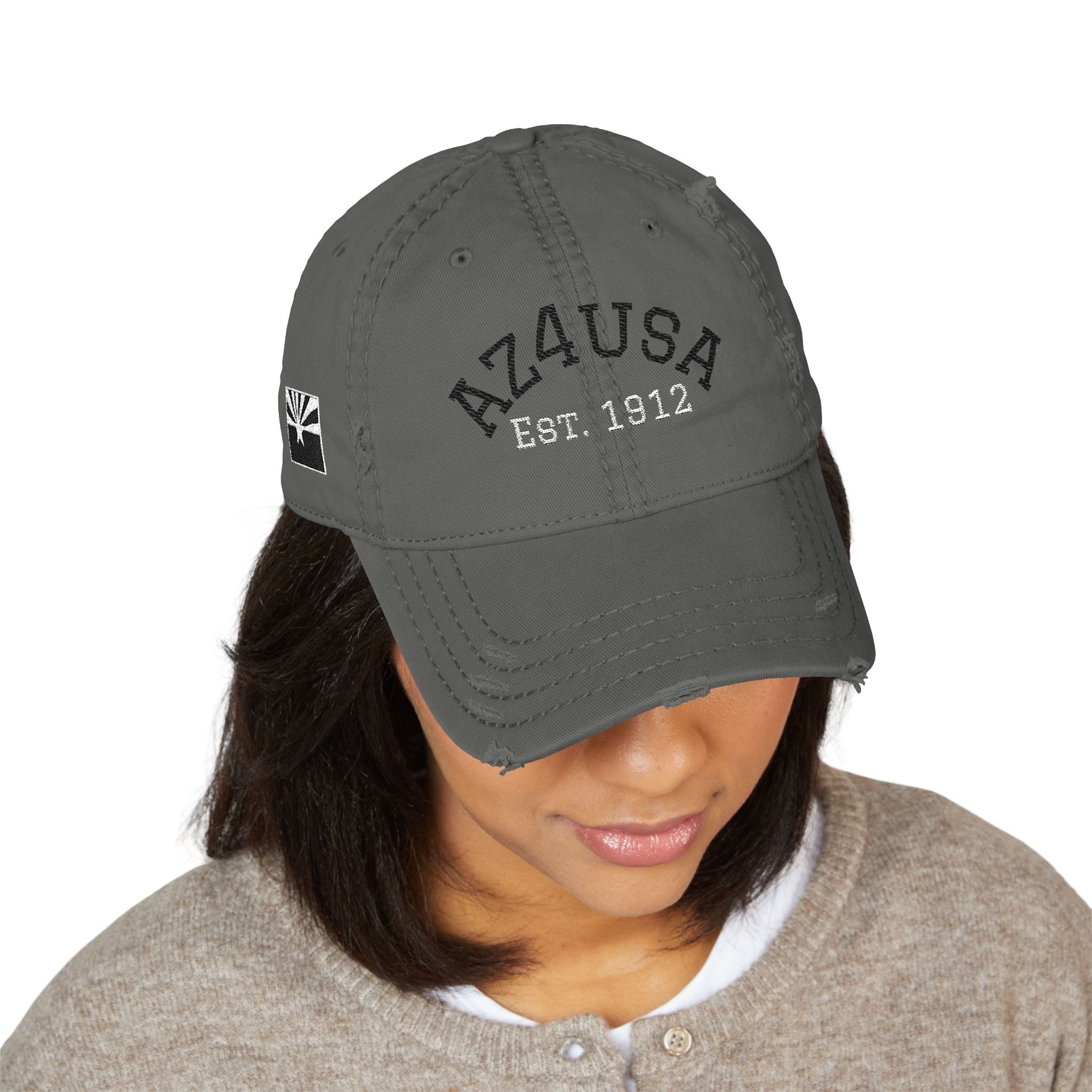 Azusa Distressed Dad Hat — Embroidered 'AZUSA EST. 1912' Baseball Cap with Flag