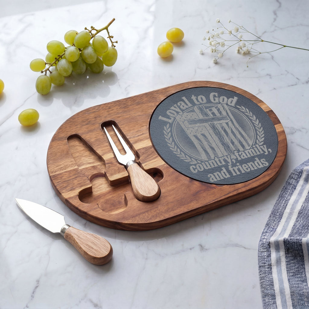 Engraved Acacia Charcuterie Board with Slate Inlay & Cheese Knife Set — Rustic Entertaining Gift
