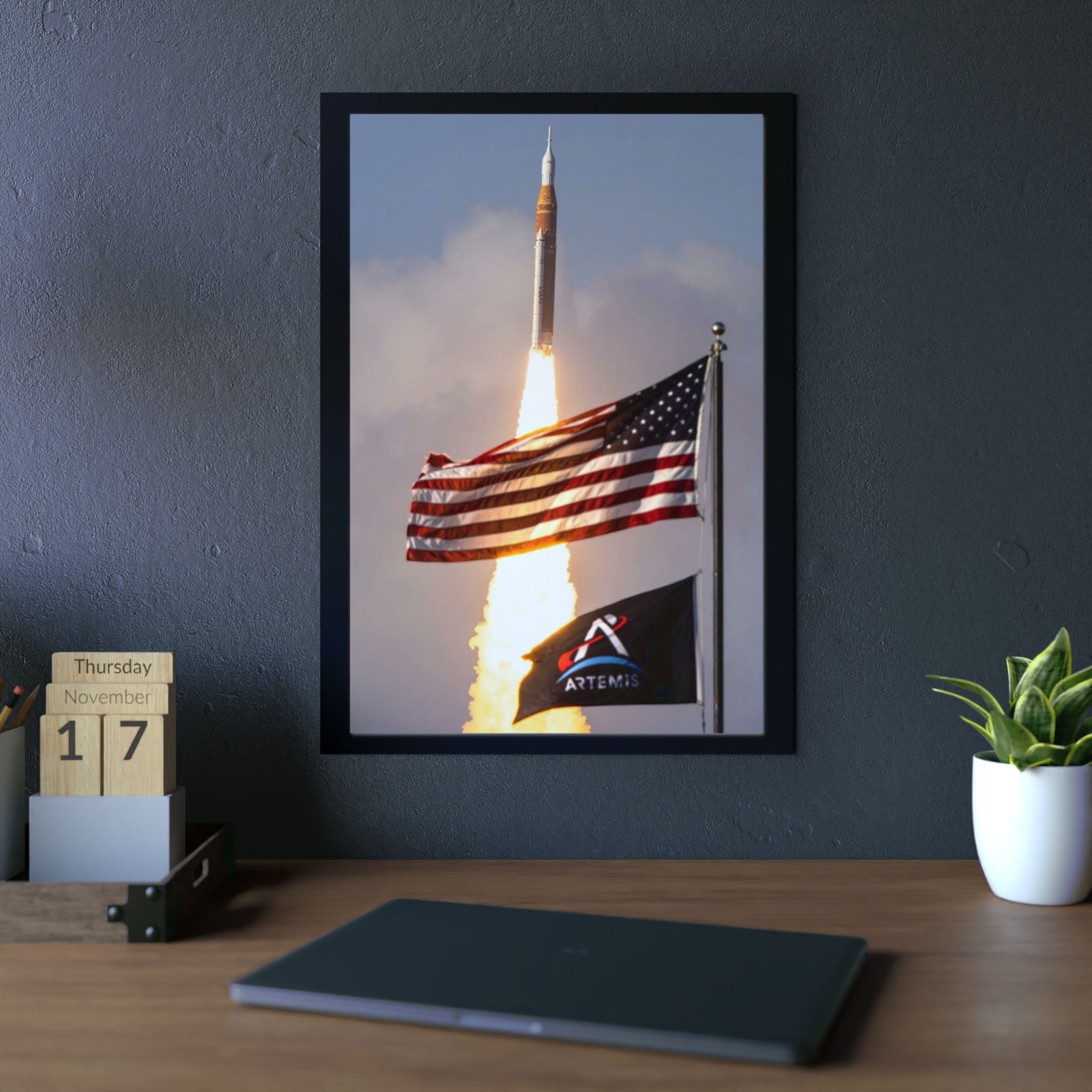 Artemis Rocket Launch Aluminum Panel - American Flag Space Wall Art