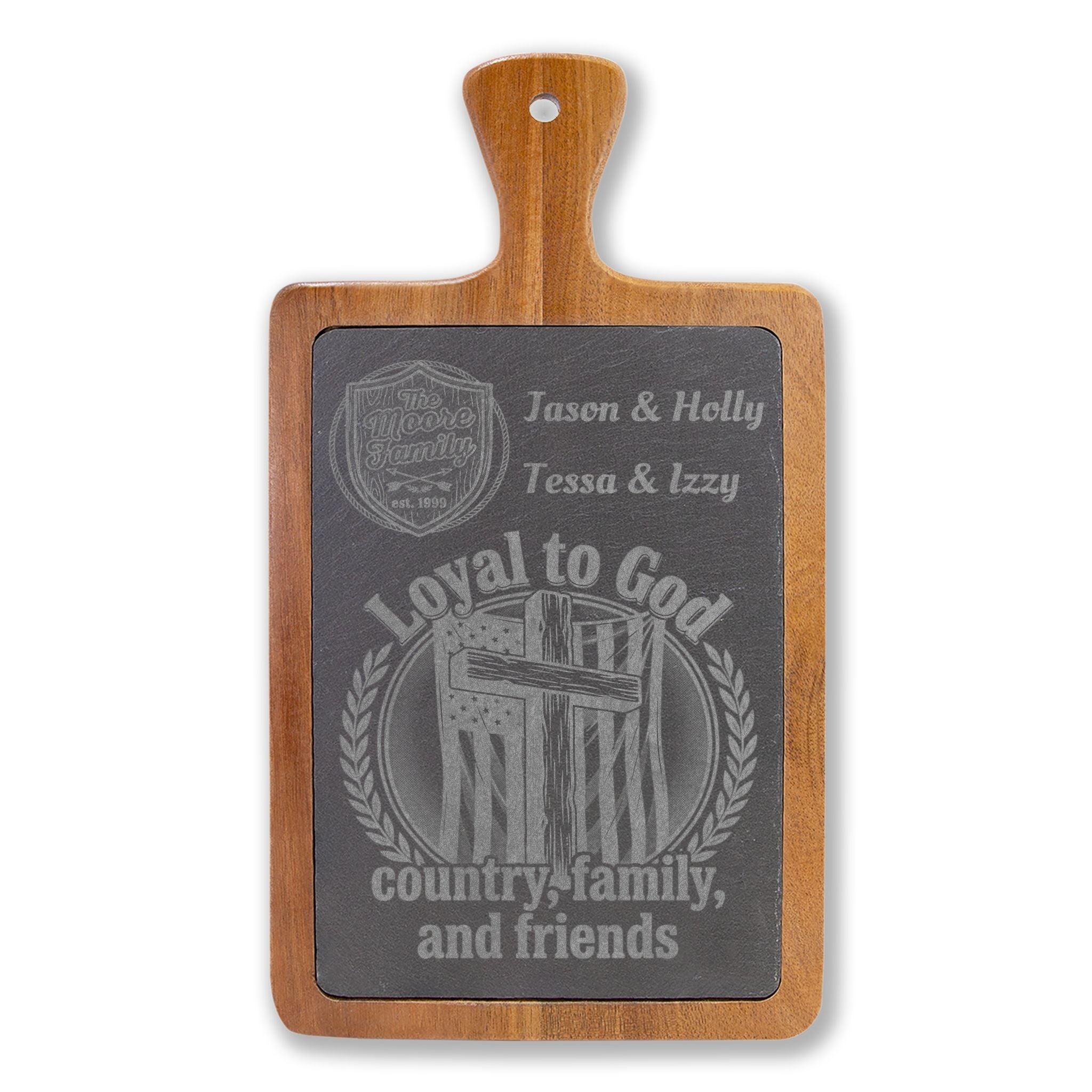 Engraved Acacia Charcuterie Board with Slate Inlay & Cheese Knife Set — Rustic Entertaining Gift
