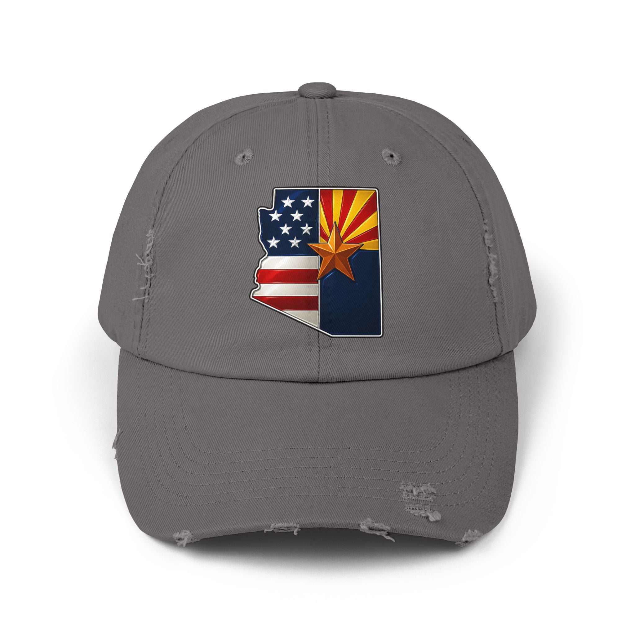 Born in America - Raised in Arizona Unisex Distressed Cap, Casual Vintage Hat, Outdoor Style Cap, Gift for Dad, Americana Fashion