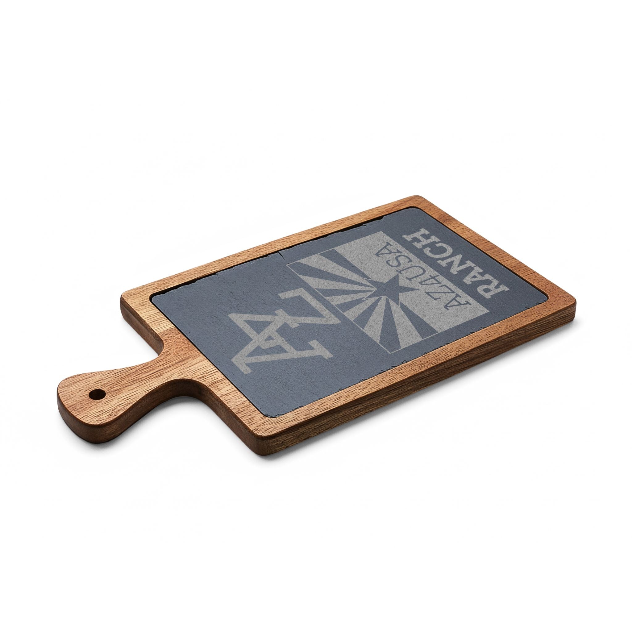 Engraved Slate & Wood Charcuterie Board — Azusa Ranch Logo Serving Paddle