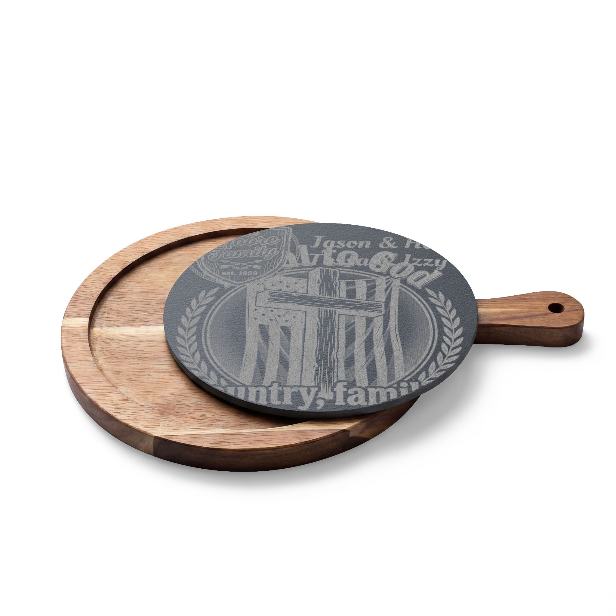 Engraved Acacia Charcuterie Board with Slate Inlay & Cheese Knife Set — Rustic Entertaining Gift