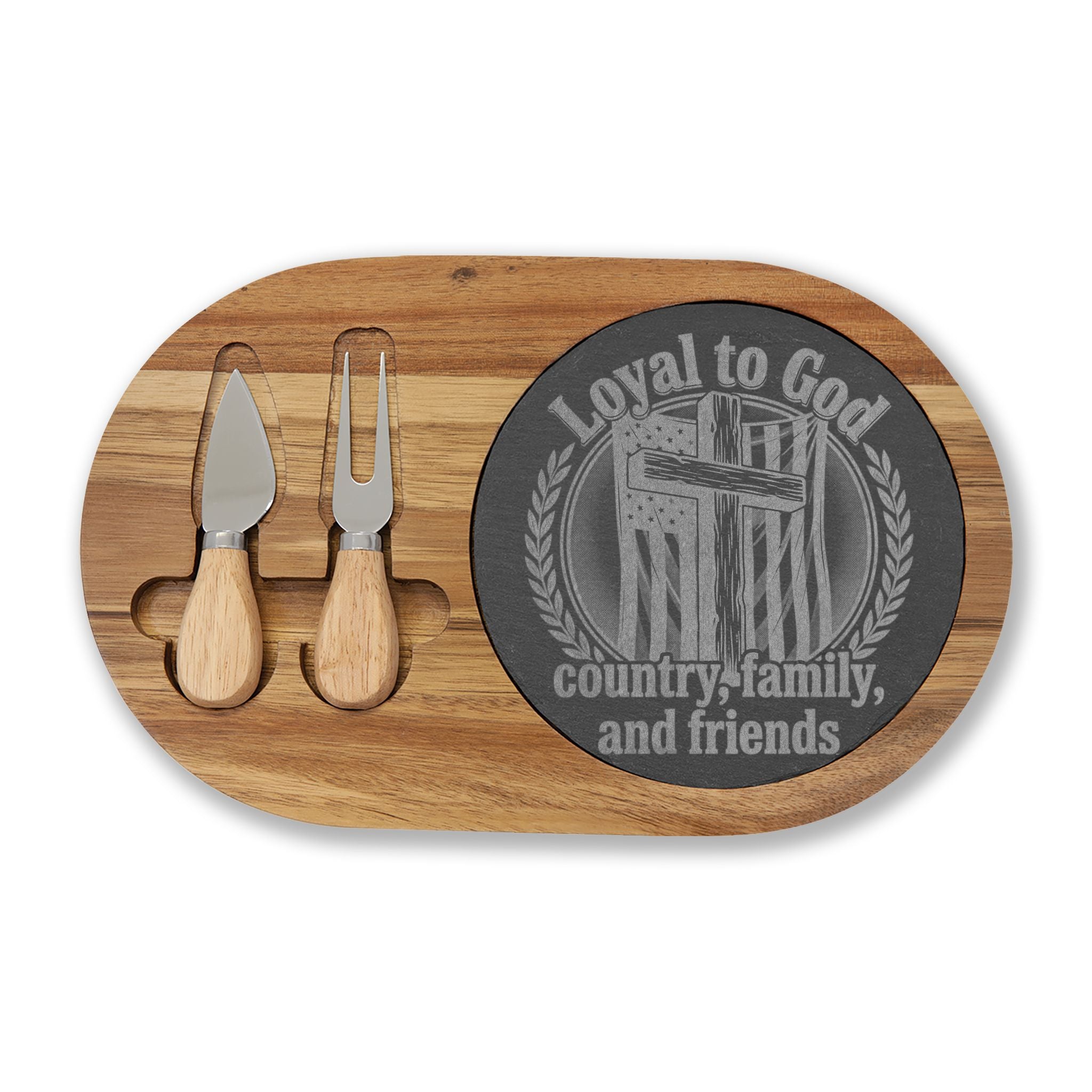 Engraved Acacia Charcuterie Board with Slate Inlay & Cheese Knife Set — Rustic Entertaining Gift