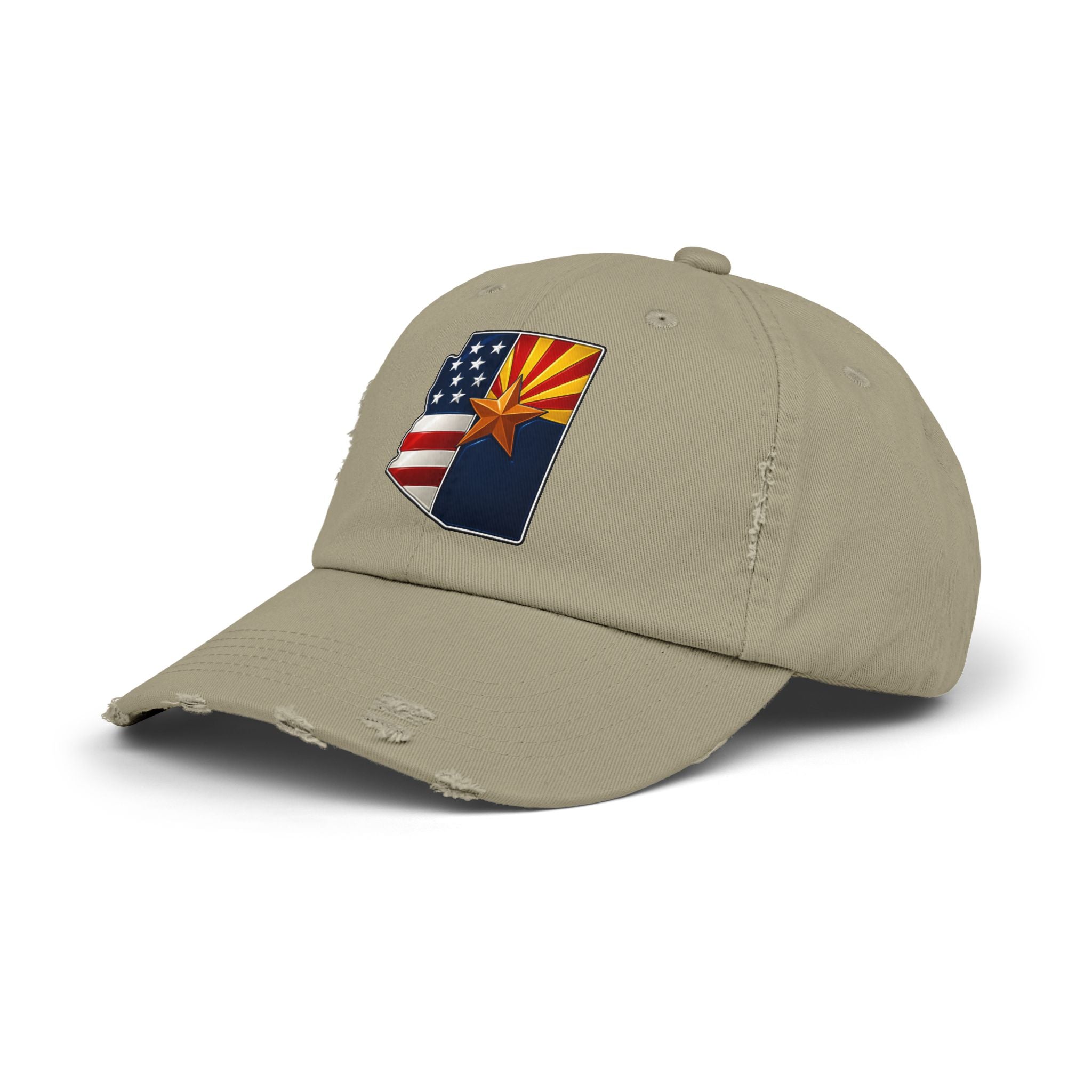 Born in America - Raised in Arizona Unisex Distressed Cap, Casual Vintage Hat, Outdoor Style Cap, Gift for Dad, Americana Fashion