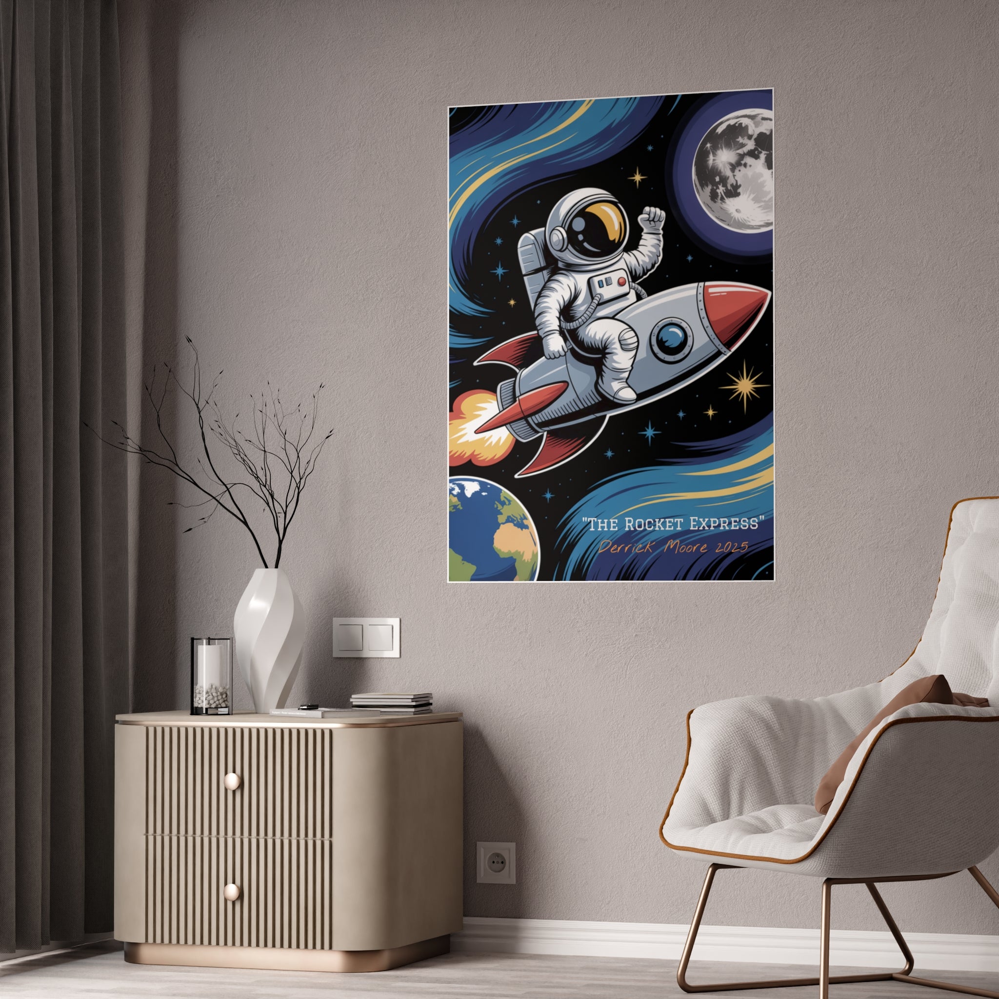 "The Rocket Express" 2025— Glossy Wall Art Print (Astronaut Space Poster)