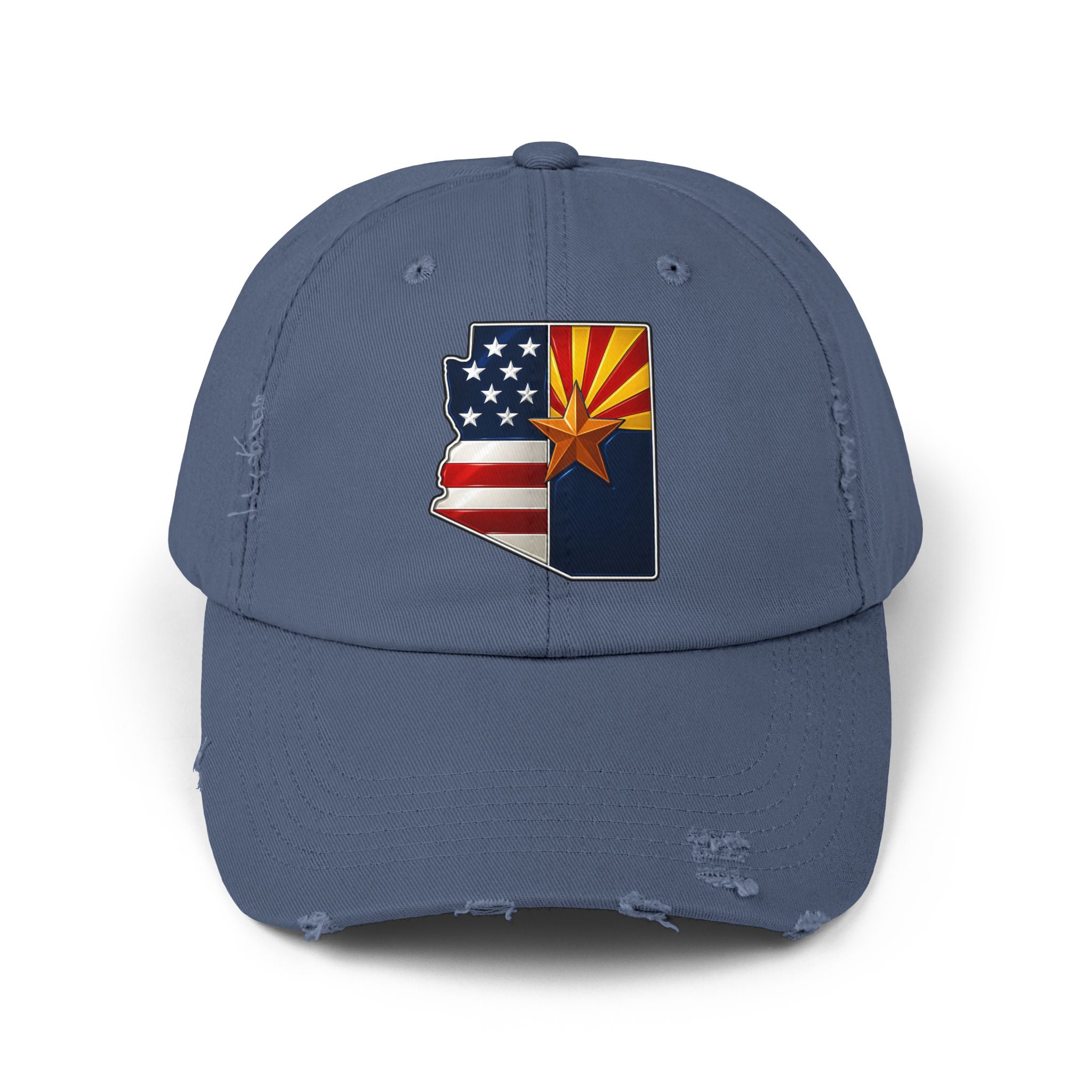 Born in America - Raised in Arizona Unisex Distressed Cap, Casual Vintage Hat, Outdoor Style Cap, Gift for Dad, Americana Fashion