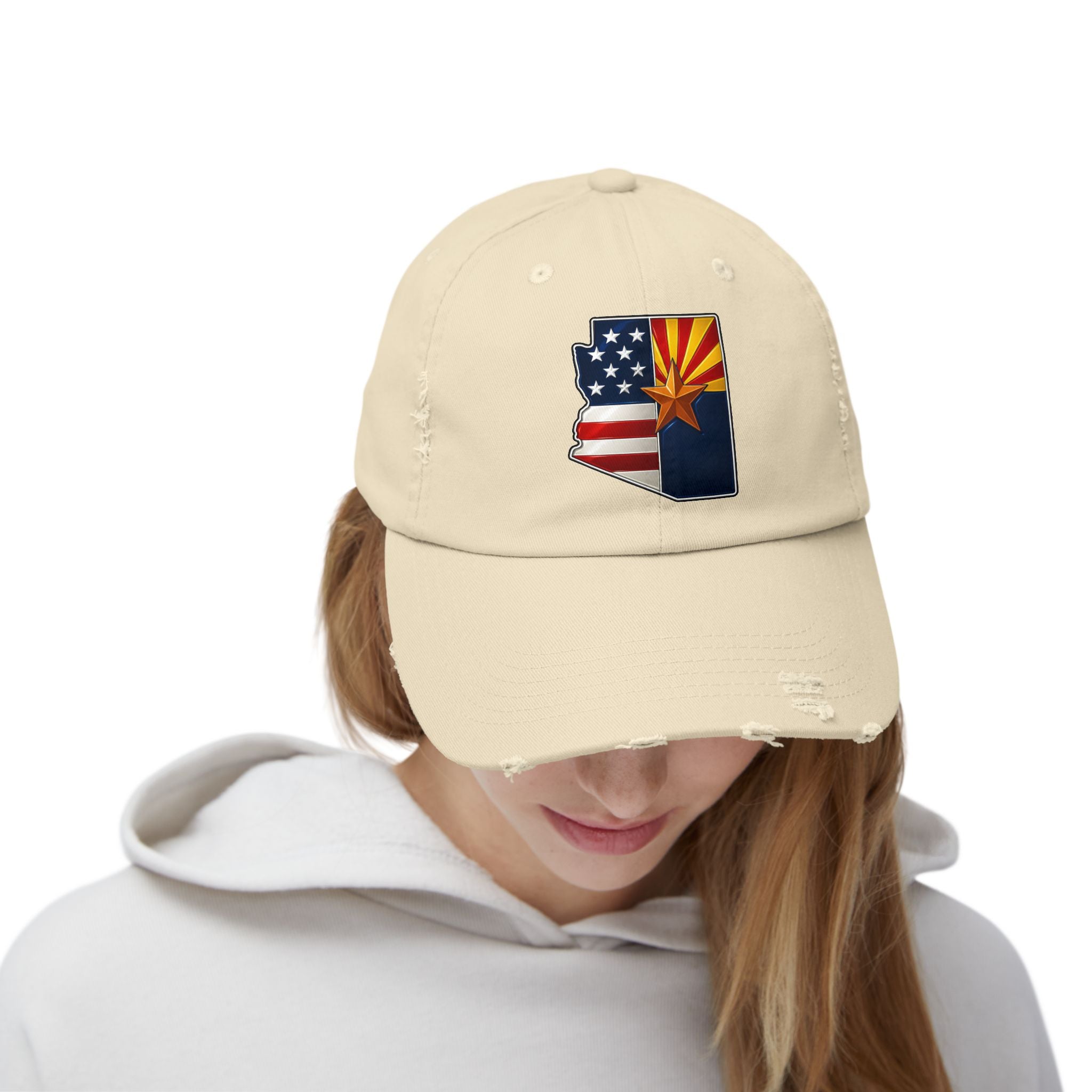 Born in America - Raised in Arizona Unisex Distressed Cap, Casual Vintage Hat, Outdoor Style Cap, Gift for Dad, Americana Fashion
