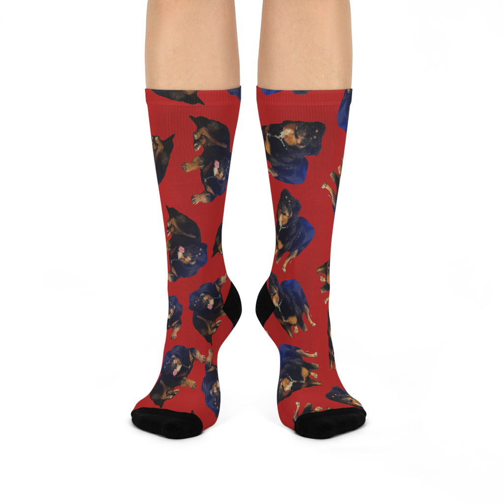 Red Rottweiler Pattern Cushioned Crew Socks — Dog Lover Gift