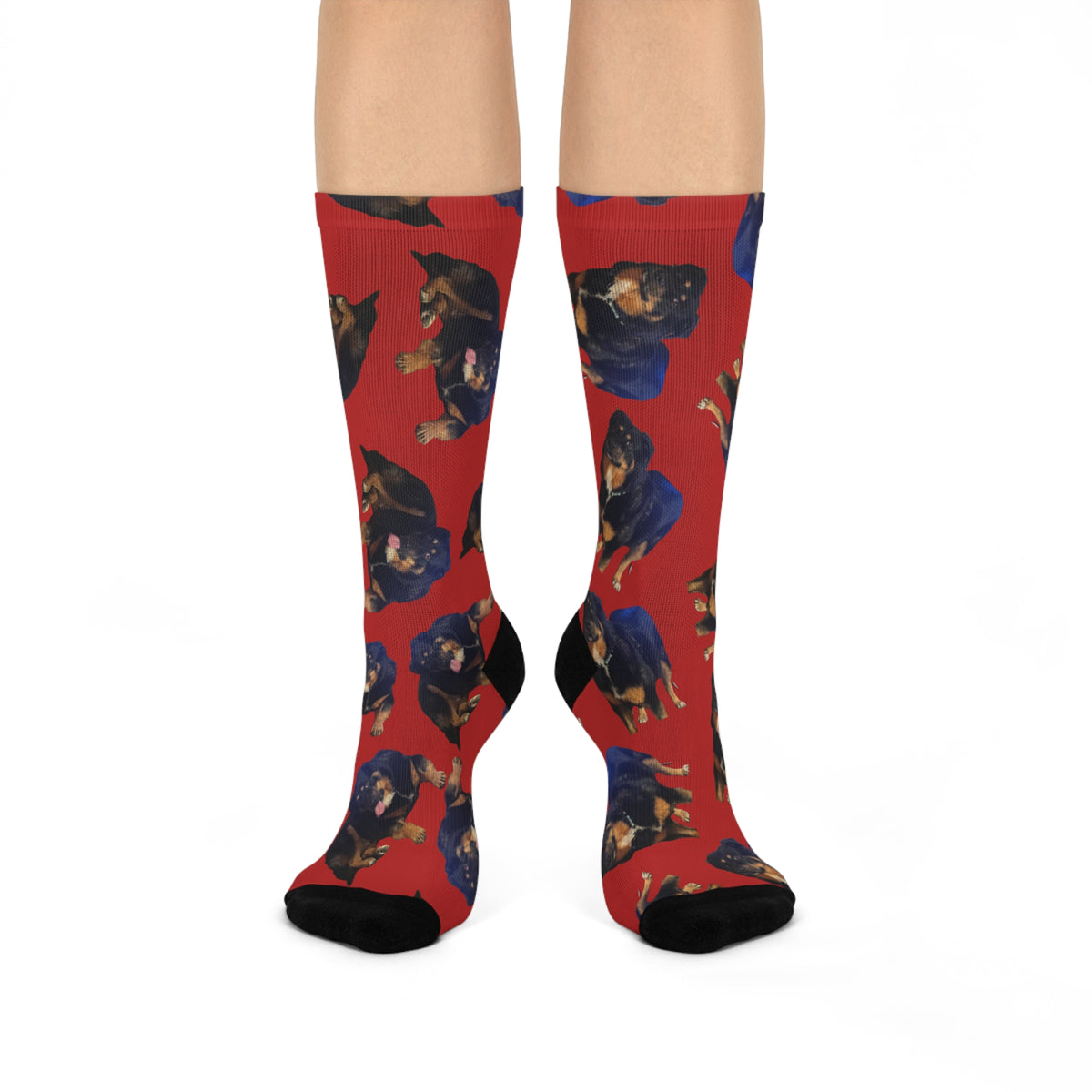 Red Rottweiler Pattern Cushioned Crew Socks — Dog Lover Gift