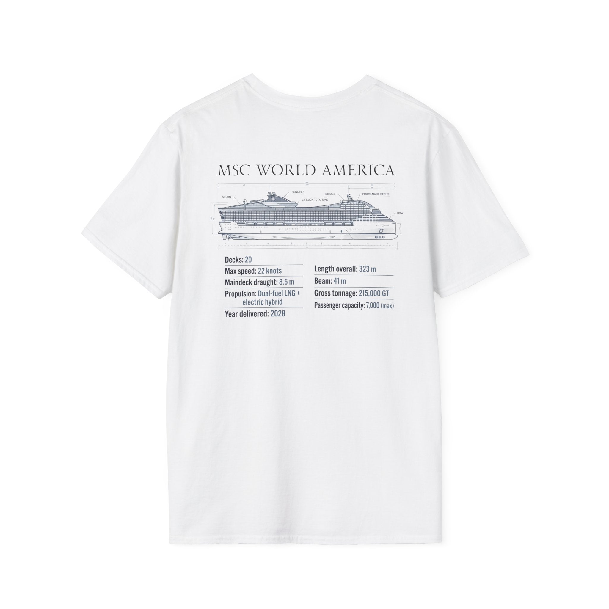 MSC World America Cruise T‑Shirt — Ship Specs & Silhouette Tee