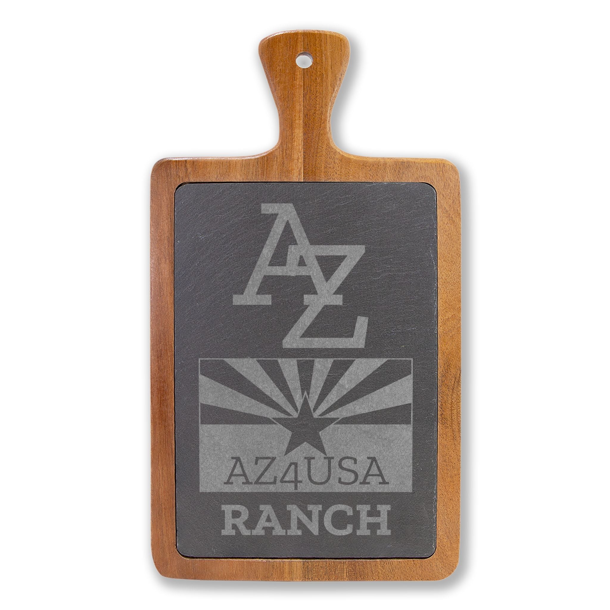 Engraved Slate & Wood Charcuterie Board — Azusa Ranch Logo Serving Paddle
