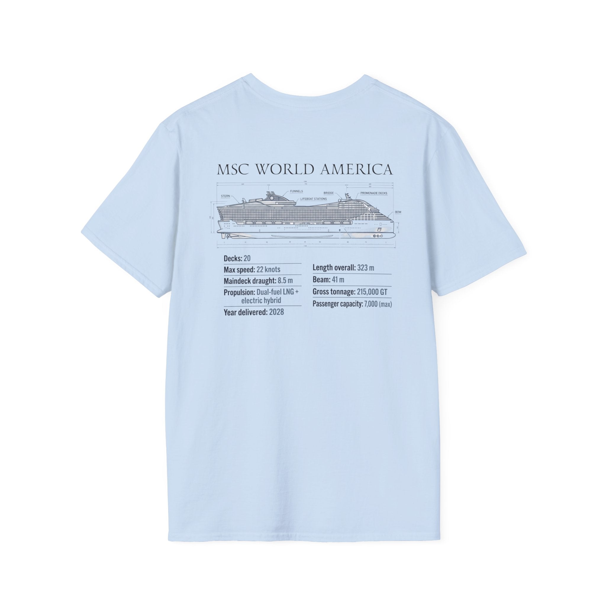 MSC World America Cruise T‑Shirt — Ship Specs & Silhouette Tee