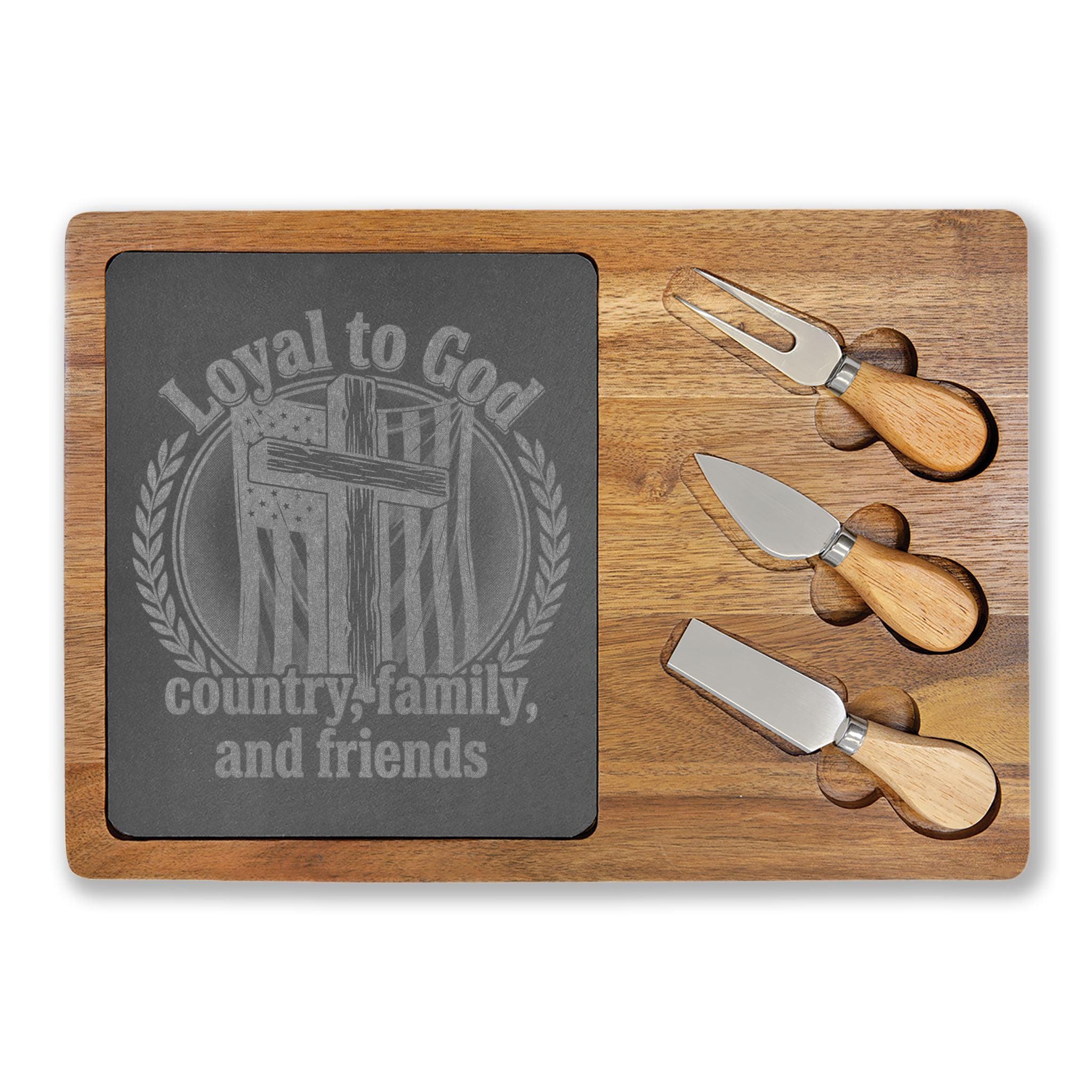 Engraved Acacia Charcuterie Board with Slate Inlay & Cheese Knife Set — Rustic Entertaining Gift