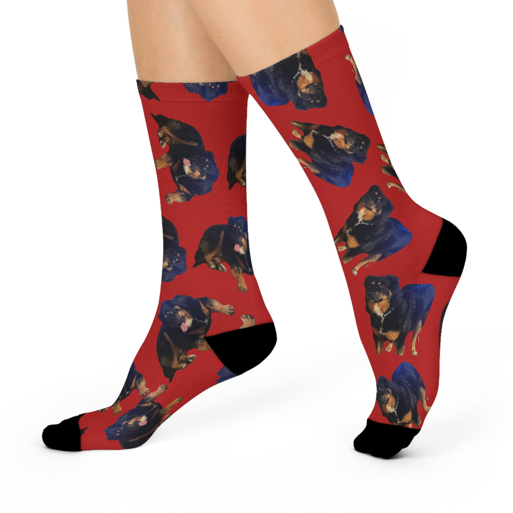 Red Rottweiler Pattern Cushioned Crew Socks — Dog Lover Gift
