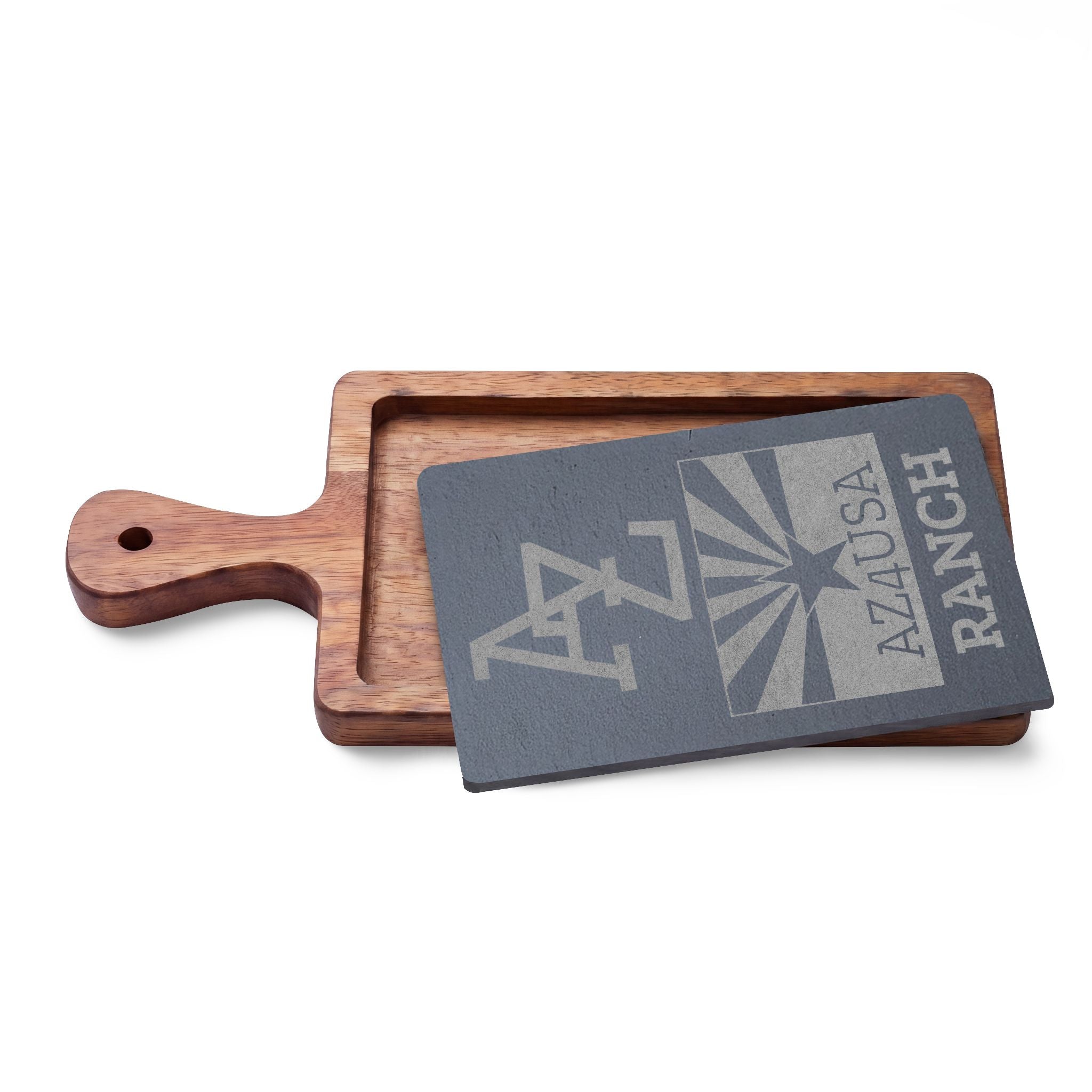 Engraved Slate & Wood Charcuterie Board — Azusa Ranch Logo Serving Paddle