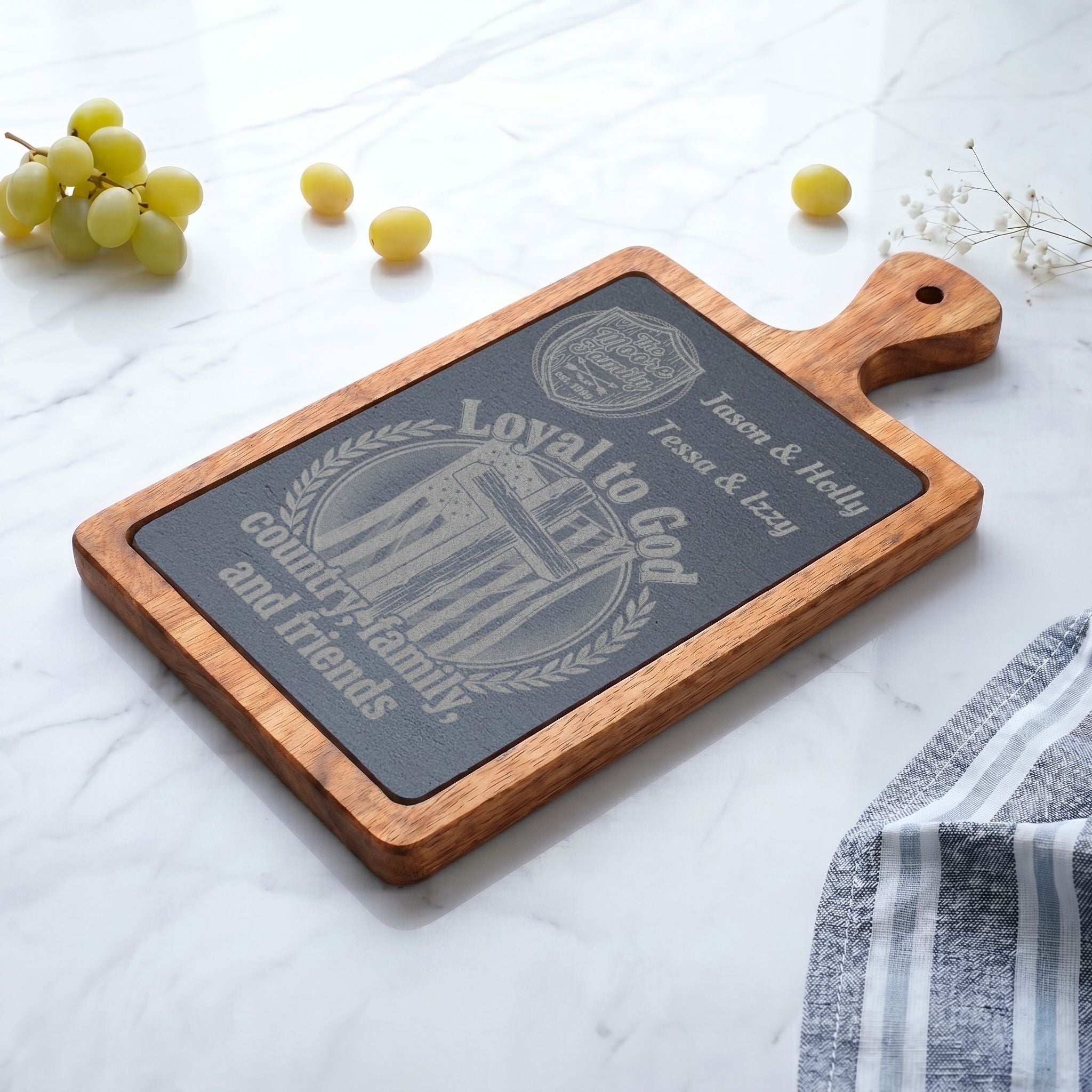 Engraved Acacia Charcuterie Board with Slate Inlay & Cheese Knife Set — Rustic Entertaining Gift