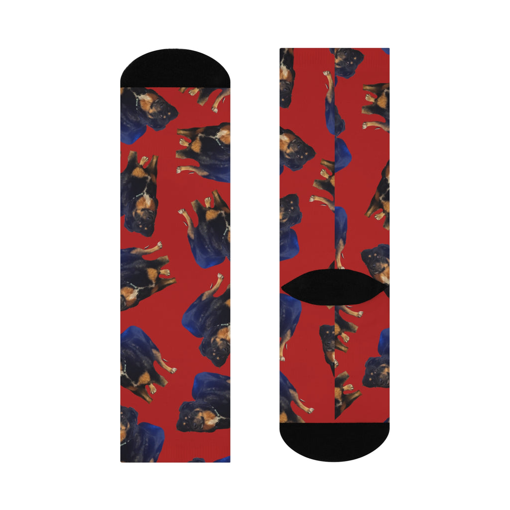 Red Rottweiler Pattern Cushioned Crew Socks — Dog Lover Gift