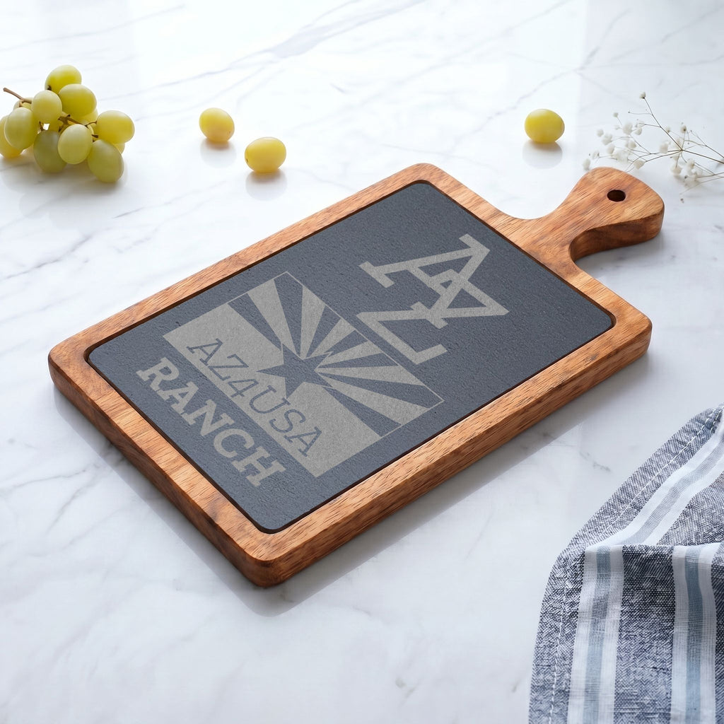 Engraved Slate & Wood Charcuterie Board — Azusa Ranch Logo Serving Paddle