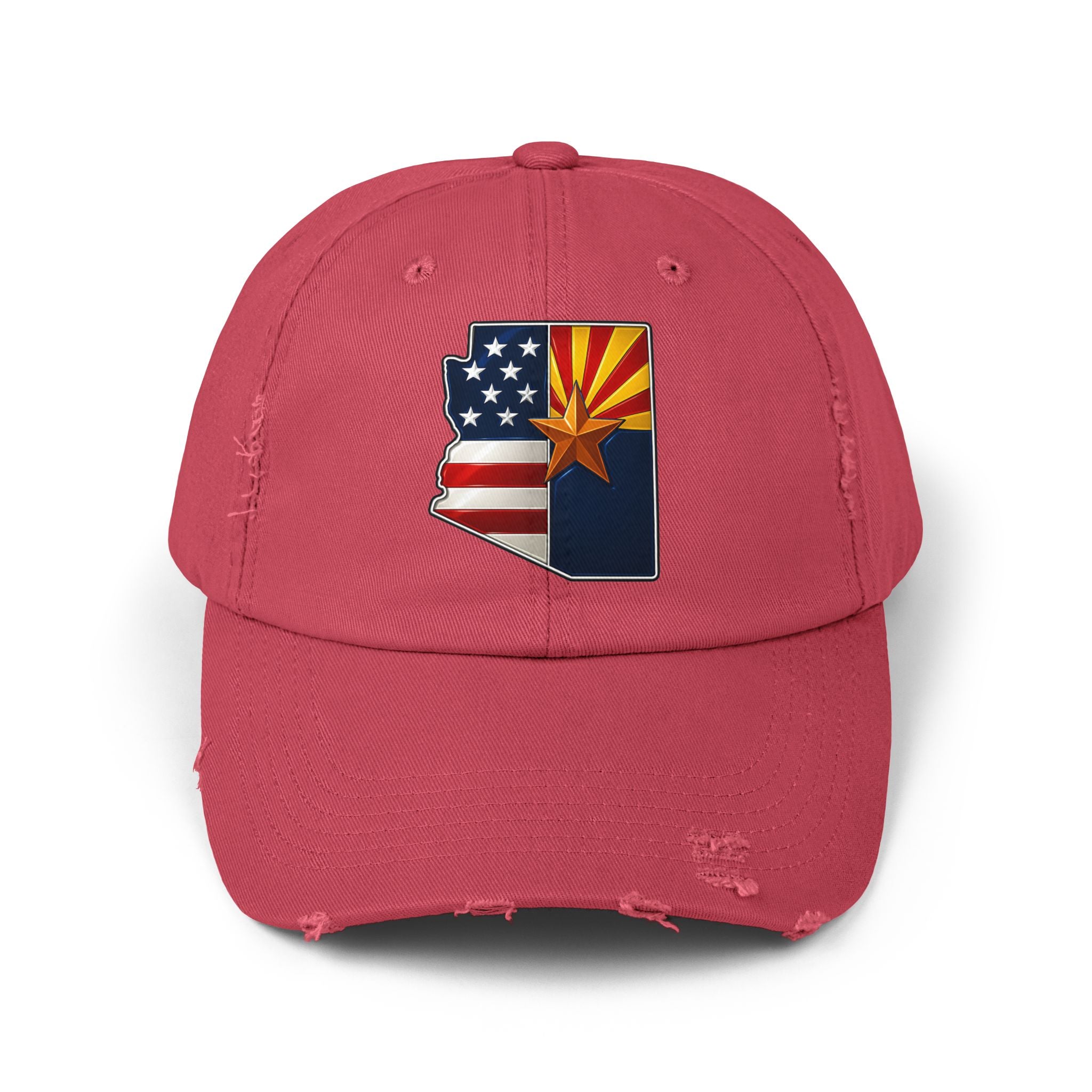 Born in America - Raised in Arizona Unisex Distressed Cap, Casual Vintage Hat, Outdoor Style Cap, Gift for Dad, Americana Fashion