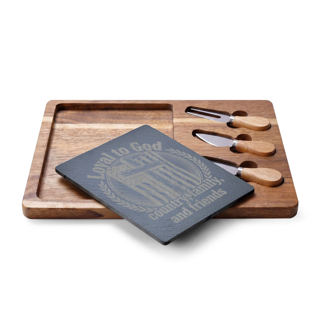 Engraved Acacia Charcuterie Board with Slate Inlay & Cheese Knife Set — Rustic Entertaining Gift