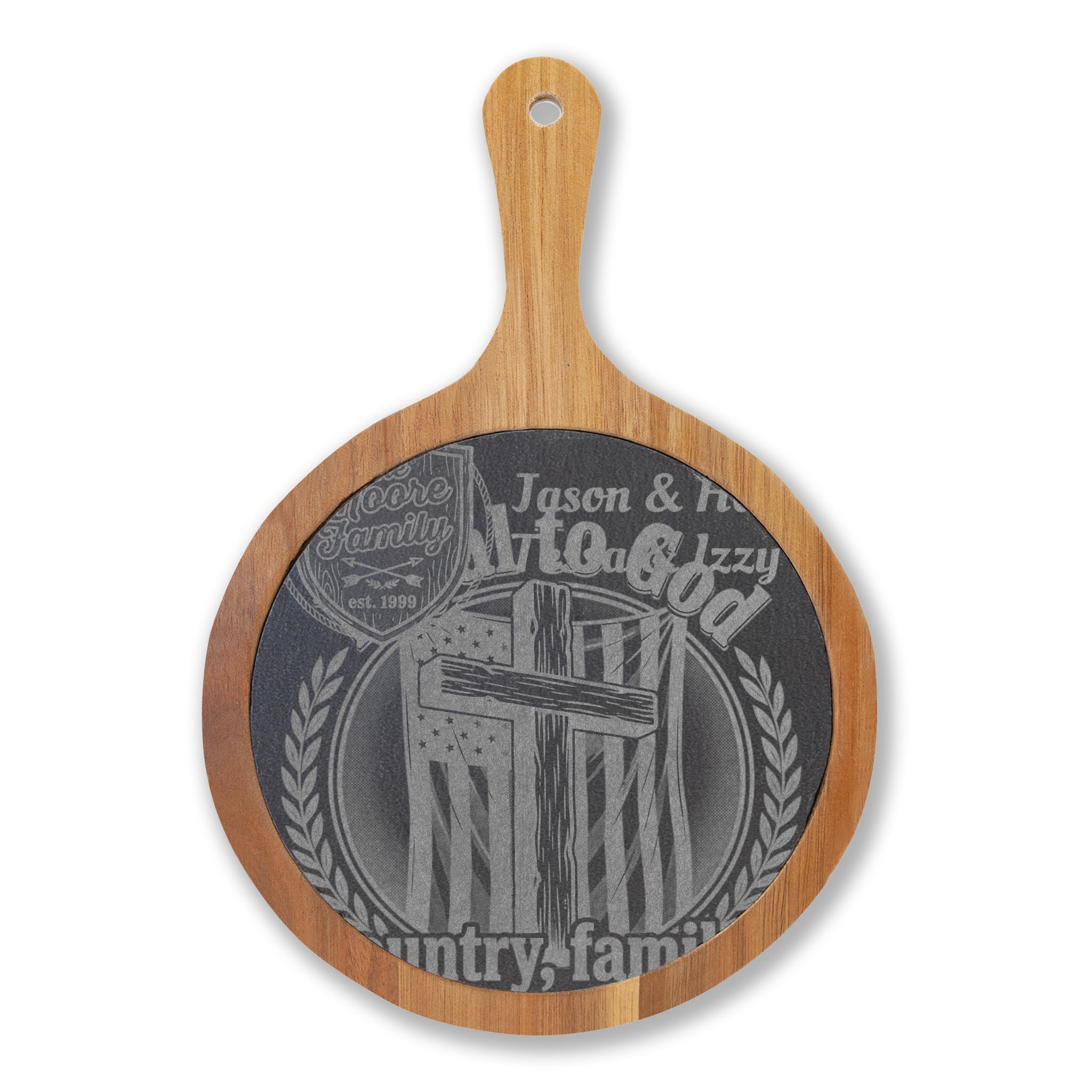 Engraved Acacia Charcuterie Board with Slate Inlay & Cheese Knife Set — Rustic Entertaining Gift