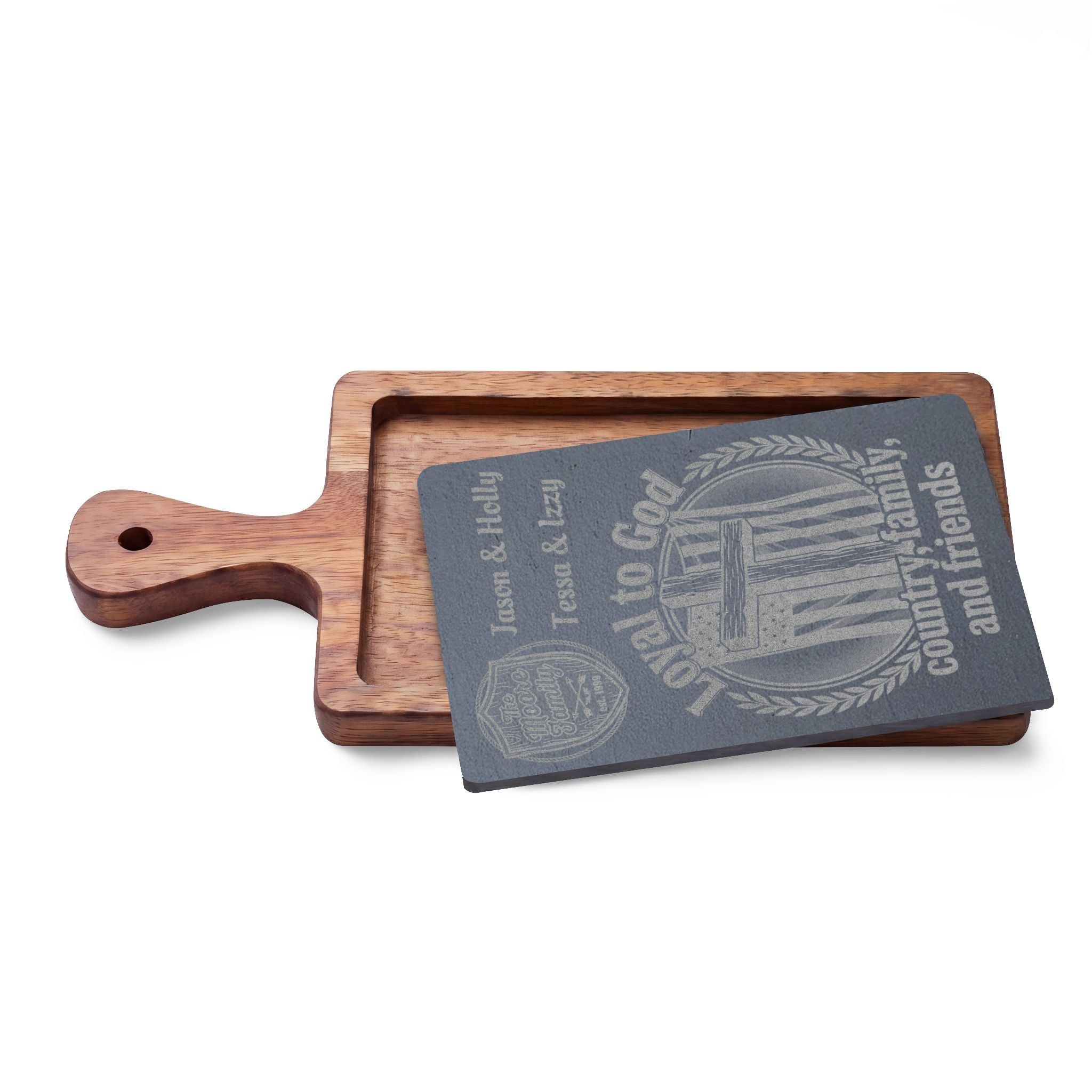 Engraved Acacia Charcuterie Board with Slate Inlay & Cheese Knife Set — Rustic Entertaining Gift