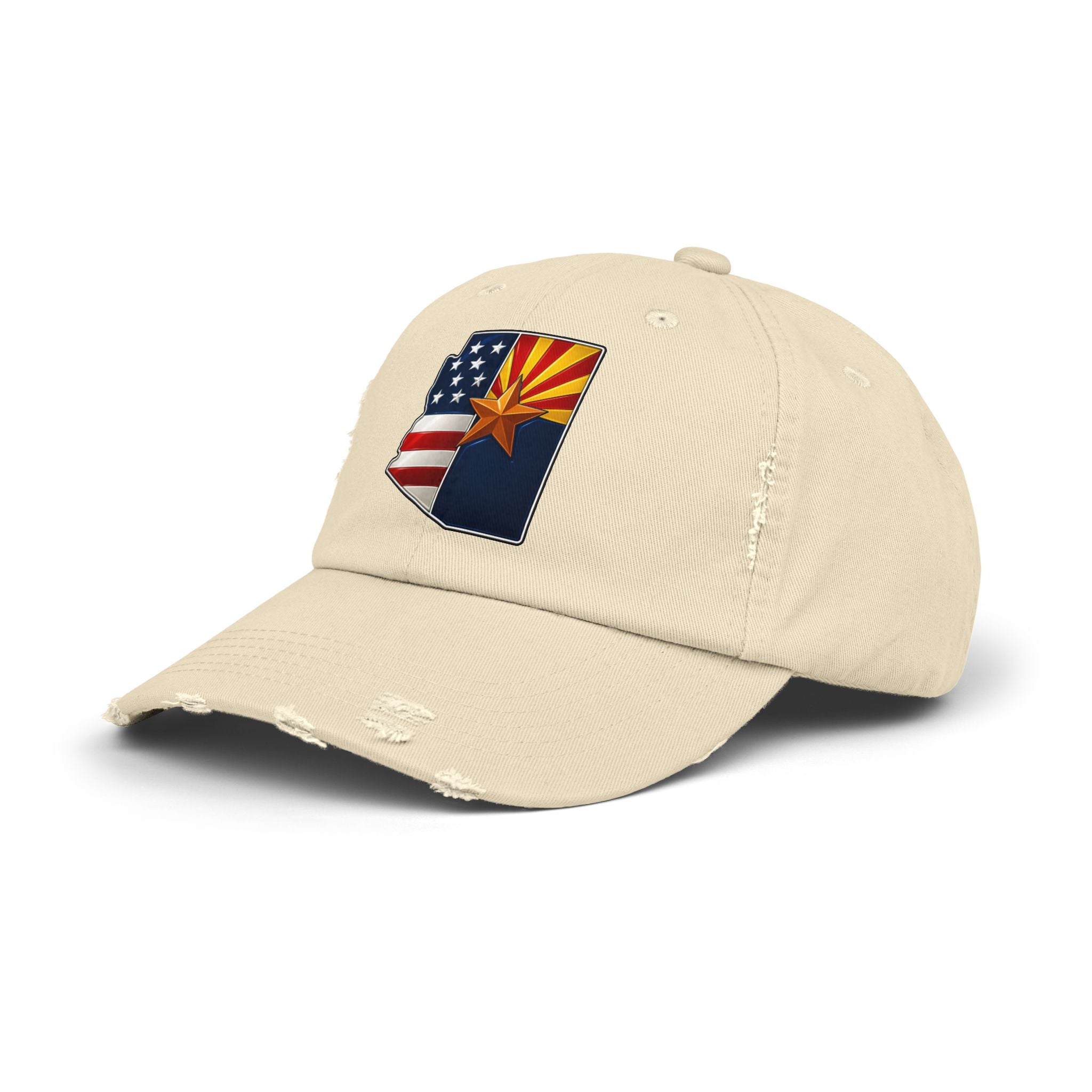 Born in America - Raised in Arizona Unisex Distressed Cap, Casual Vintage Hat, Outdoor Style Cap, Gift for Dad, Americana Fashion