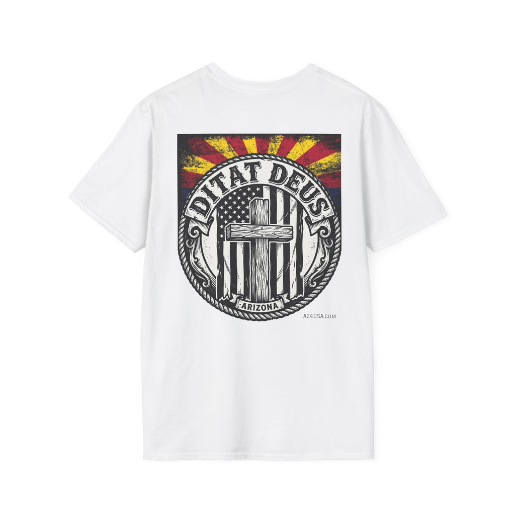 Ditat Deus 'God Enriches' Graphic T‑Shirt — Arizona Cross & Flag Design