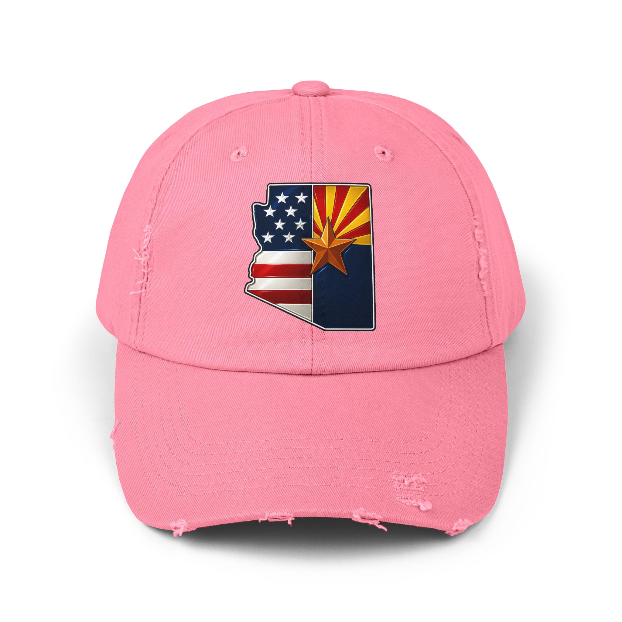 Born in America - Raised in Arizona Unisex Distressed Cap, Casual Vintage Hat, Outdoor Style Cap, Gift for Dad, Americana Fashion