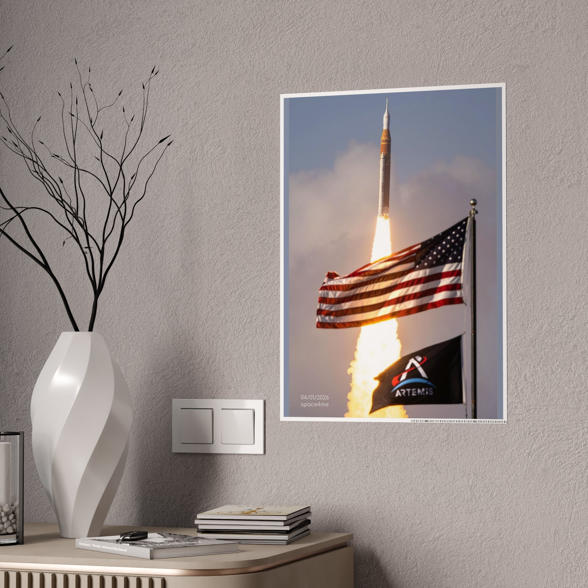 Artemis Rocket Launch Gloss Poster — American Flag Space Print